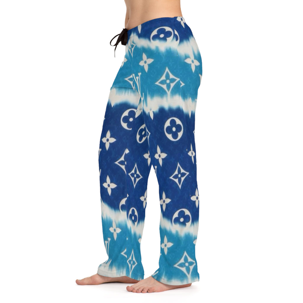 Luxury Blue Tie-Dye Lounge Pajama Pants — Monogram Print Women's Sleepwear