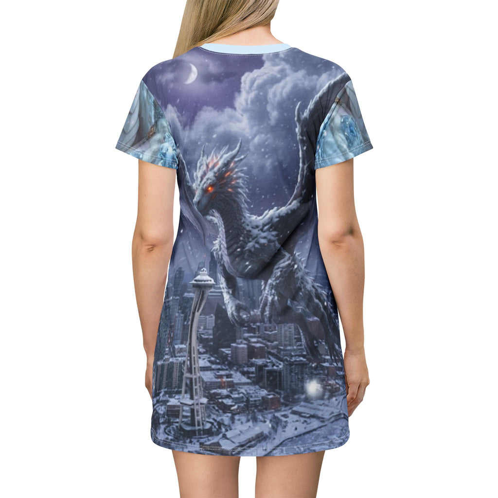 Ice Dragon Fantasy T‑Shirt Dress — Snow Queen & Dragon All‑Over Print