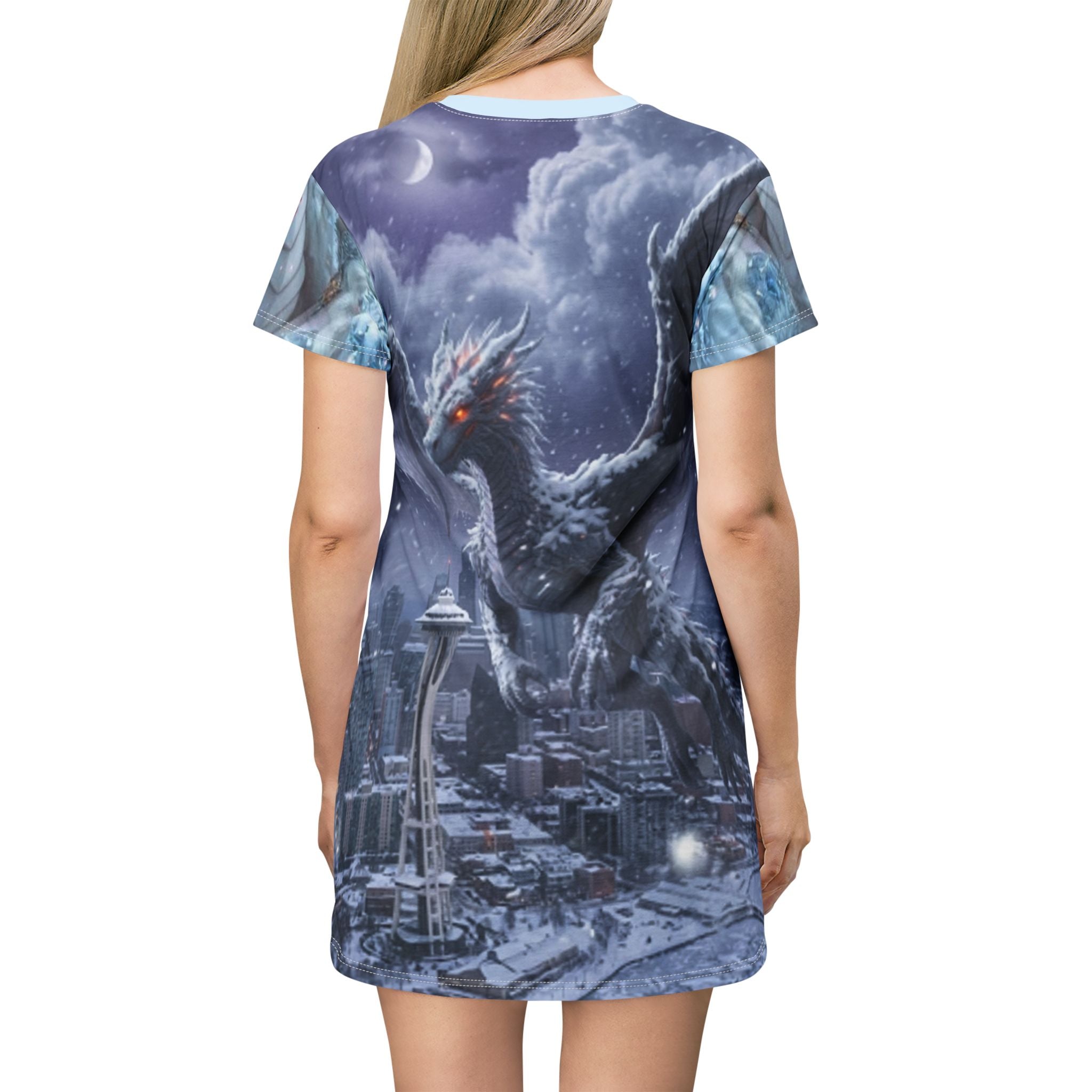 Ice Dragon Fantasy T‑Shirt Dress — Snow Queen & Dragon All‑Over Print