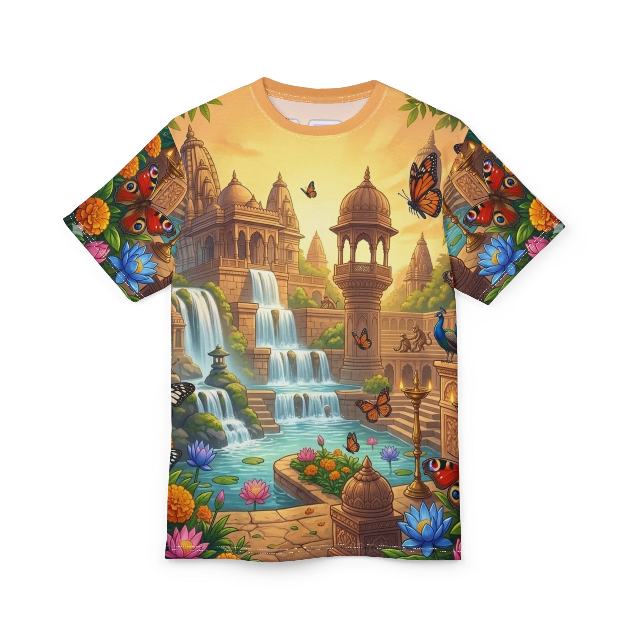 Waterfall Palace T‑Shirt — Vibrant Fantasy Garden Scene with Butterflies