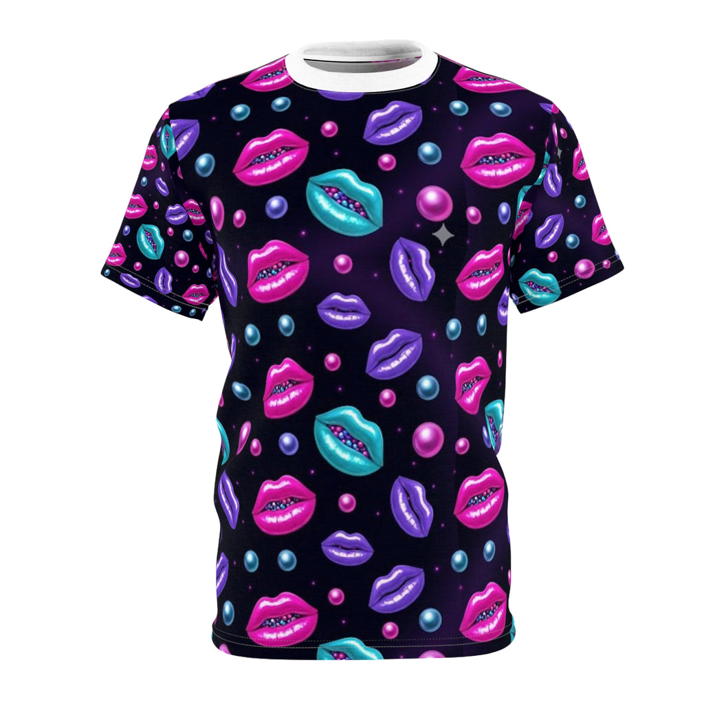 Neon Kiss Pattern Tee | Lip Print All-Over Shirt