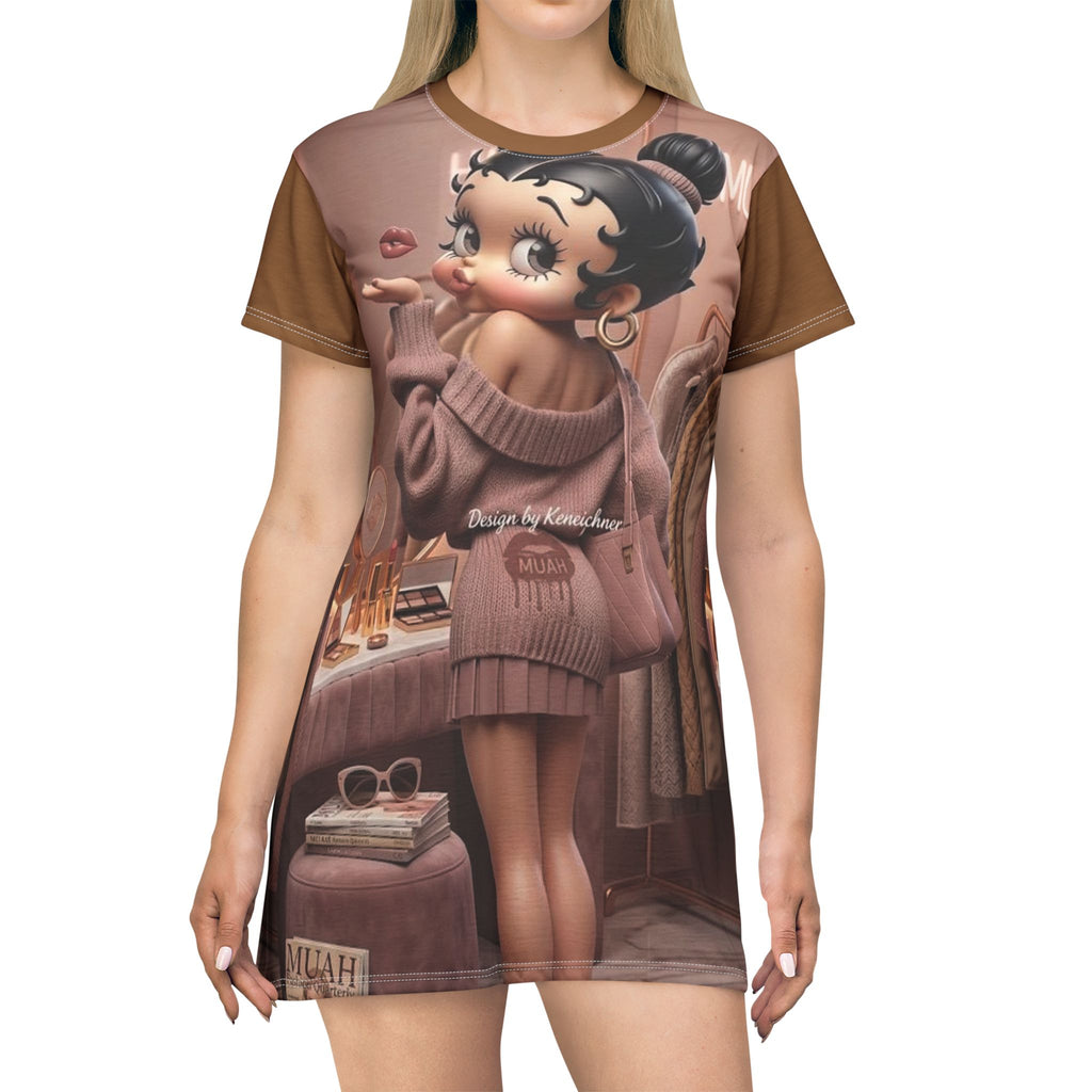 Betty Boop Cozy Sweater T-Shirt Dress – Chocolate All-Over Print