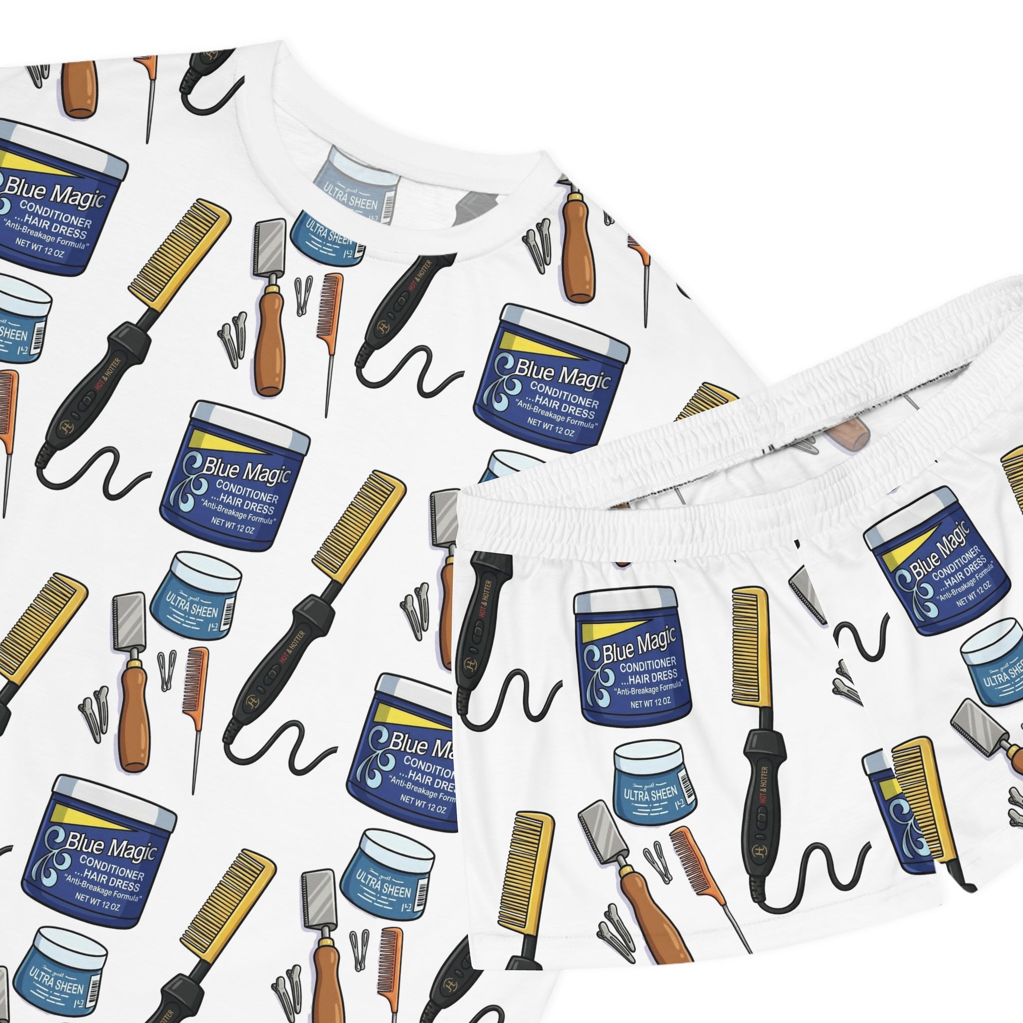 Pajama Set — Hair Care Pattern Women's Short Sleep Set (Curling Iron, Comb & Pomade Print)