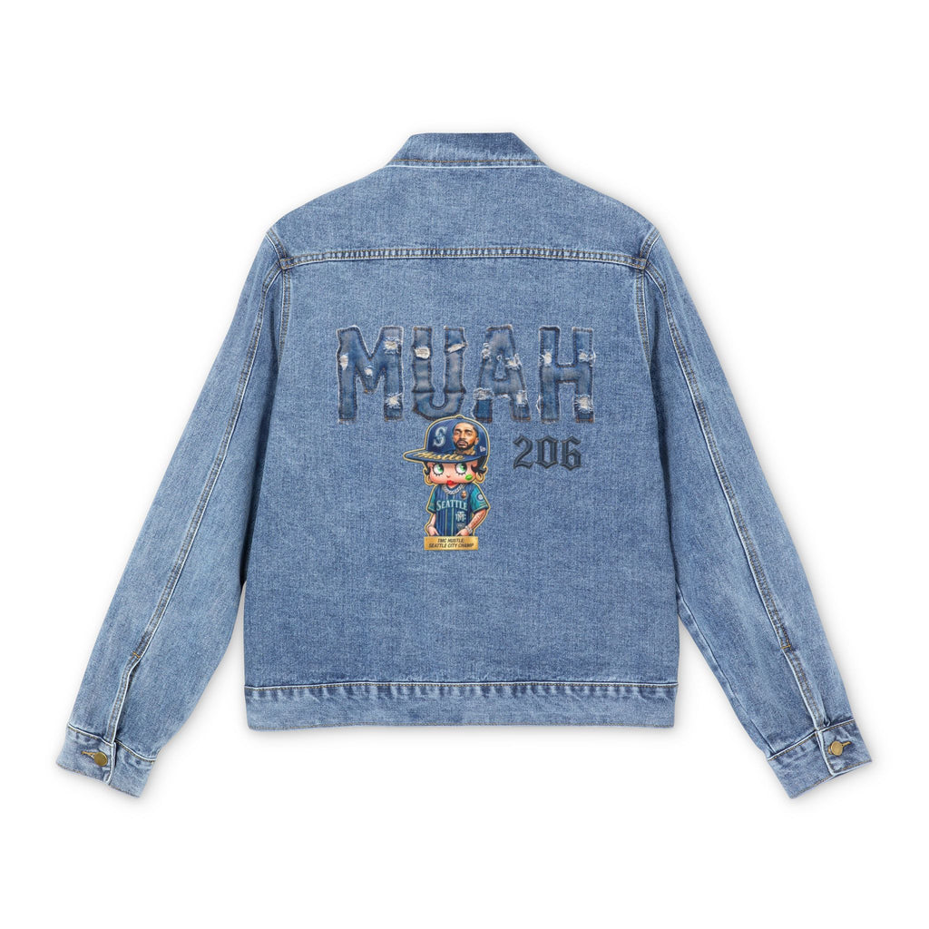 Men's Denim Jacket with Embroidered 'MUAH' Bear Graphic — Casual Streetwear Trucker Jacket