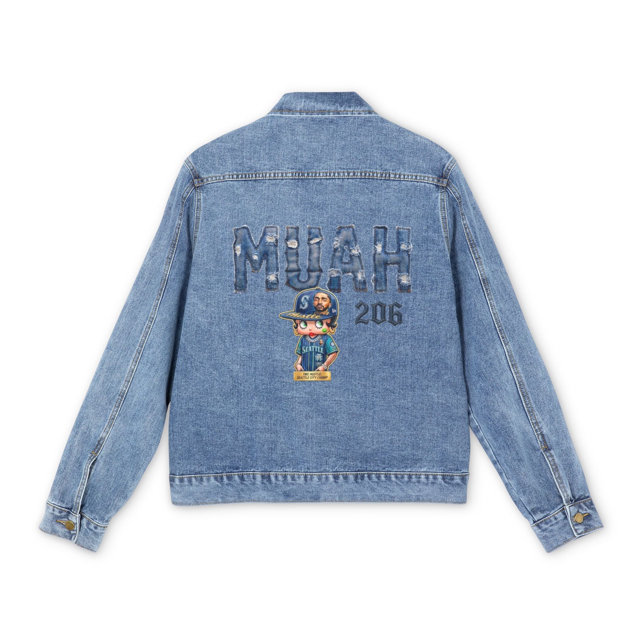 Men's Denim Jacket with Embroidered 'MUAH' Bear Graphic — Casual Streetwear Trucker Jacket
