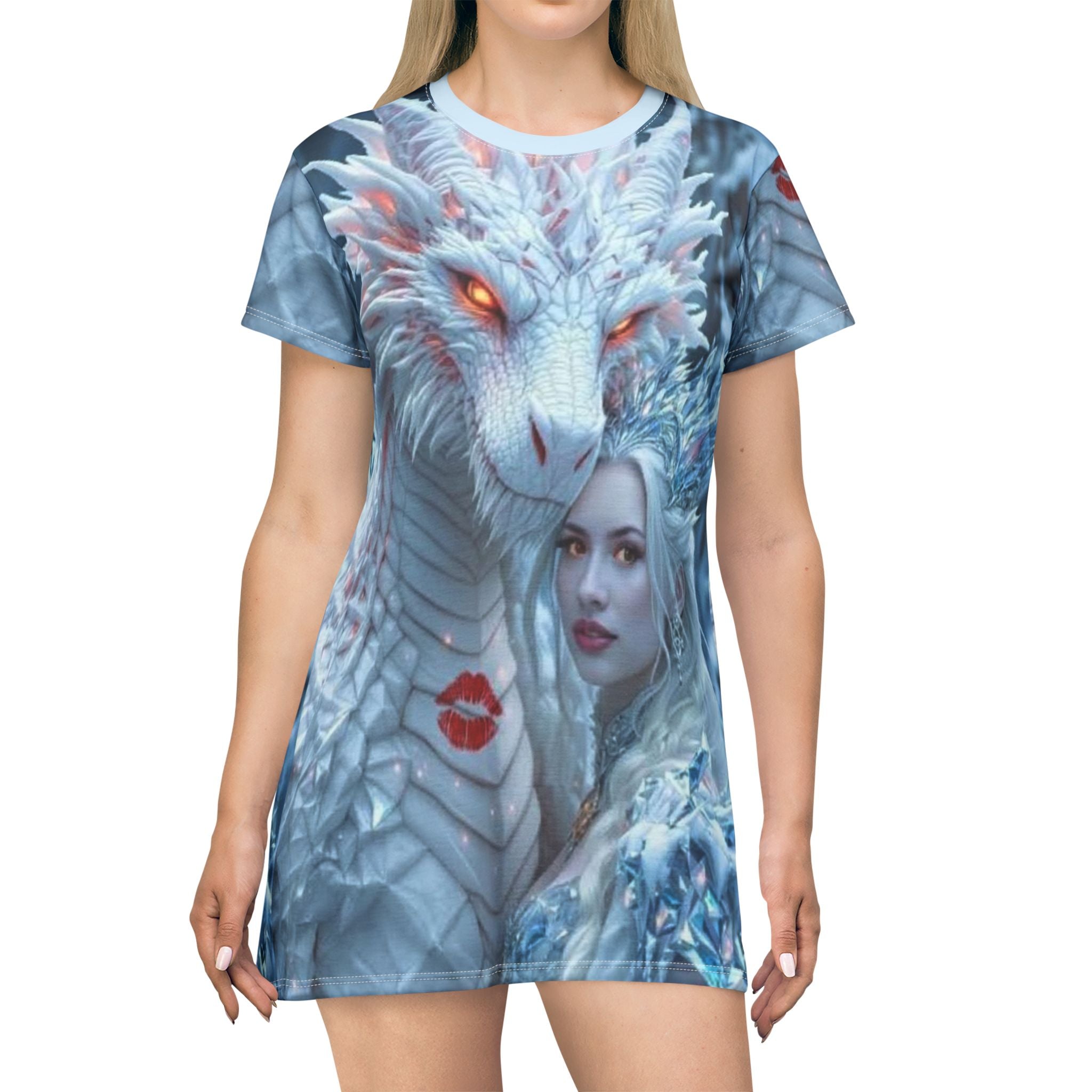 Ice Dragon Fantasy T‑Shirt Dress — Snow Queen & Dragon All‑Over Print