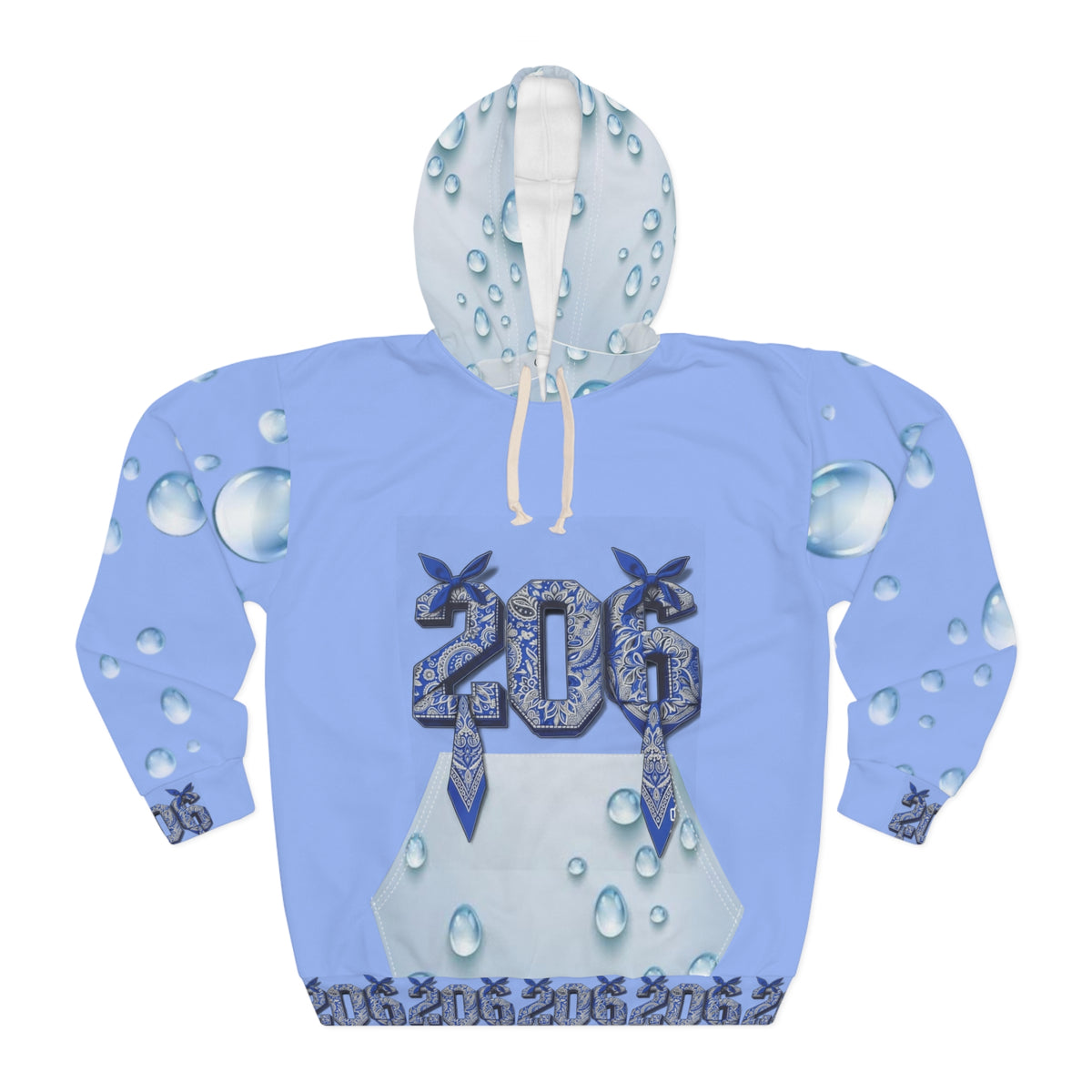 206 Water Droplet Hoodie — Blue Raindrop All-Over Print Pullover