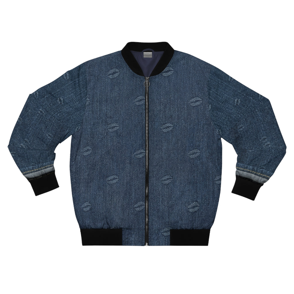 Denim Patch Bomber Jacket — Retro Distressed Kiss-Print & Middle-Finger Patch