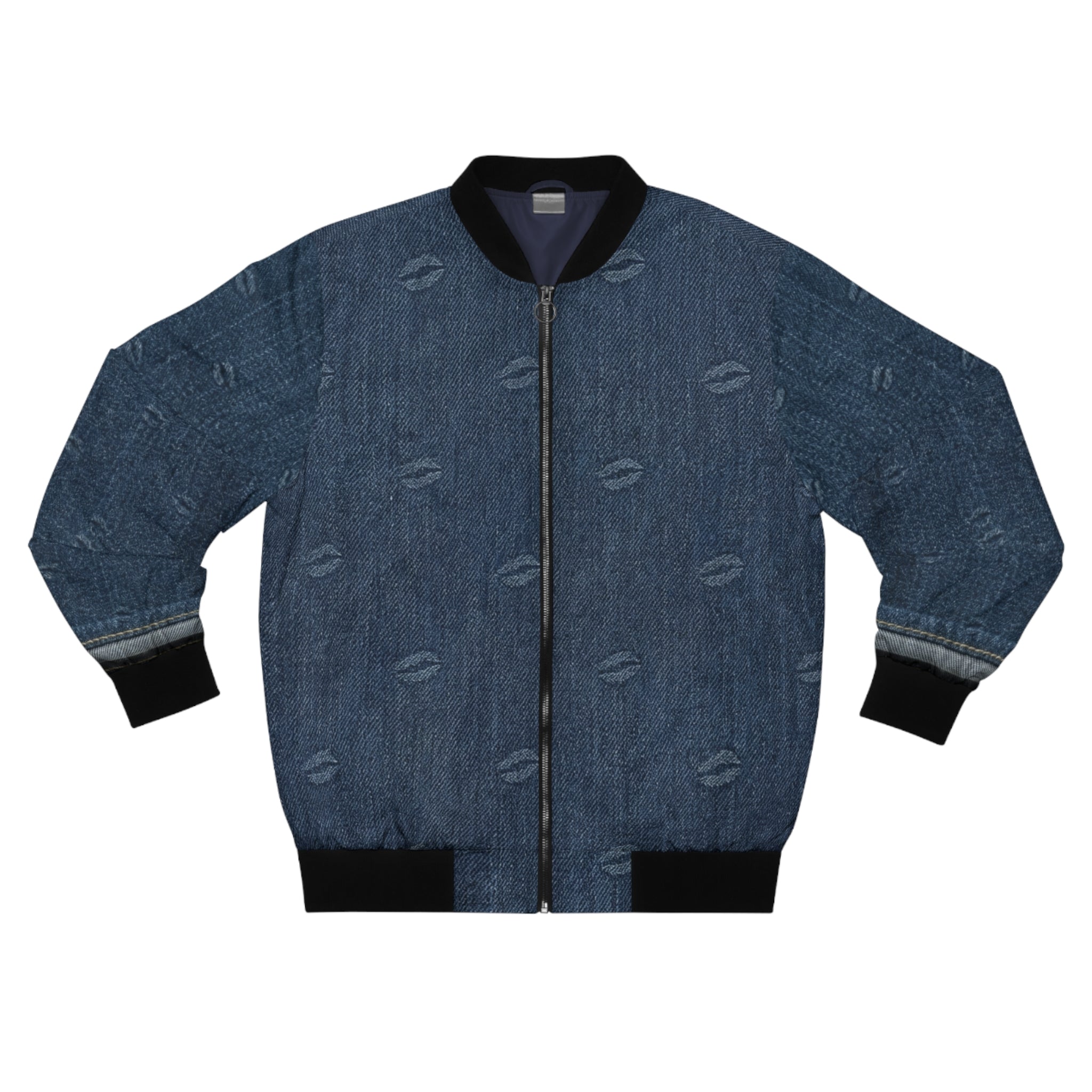 Denim Patch Bomber Jacket — Retro Distressed Kiss-Print & Middle-Finger Patch