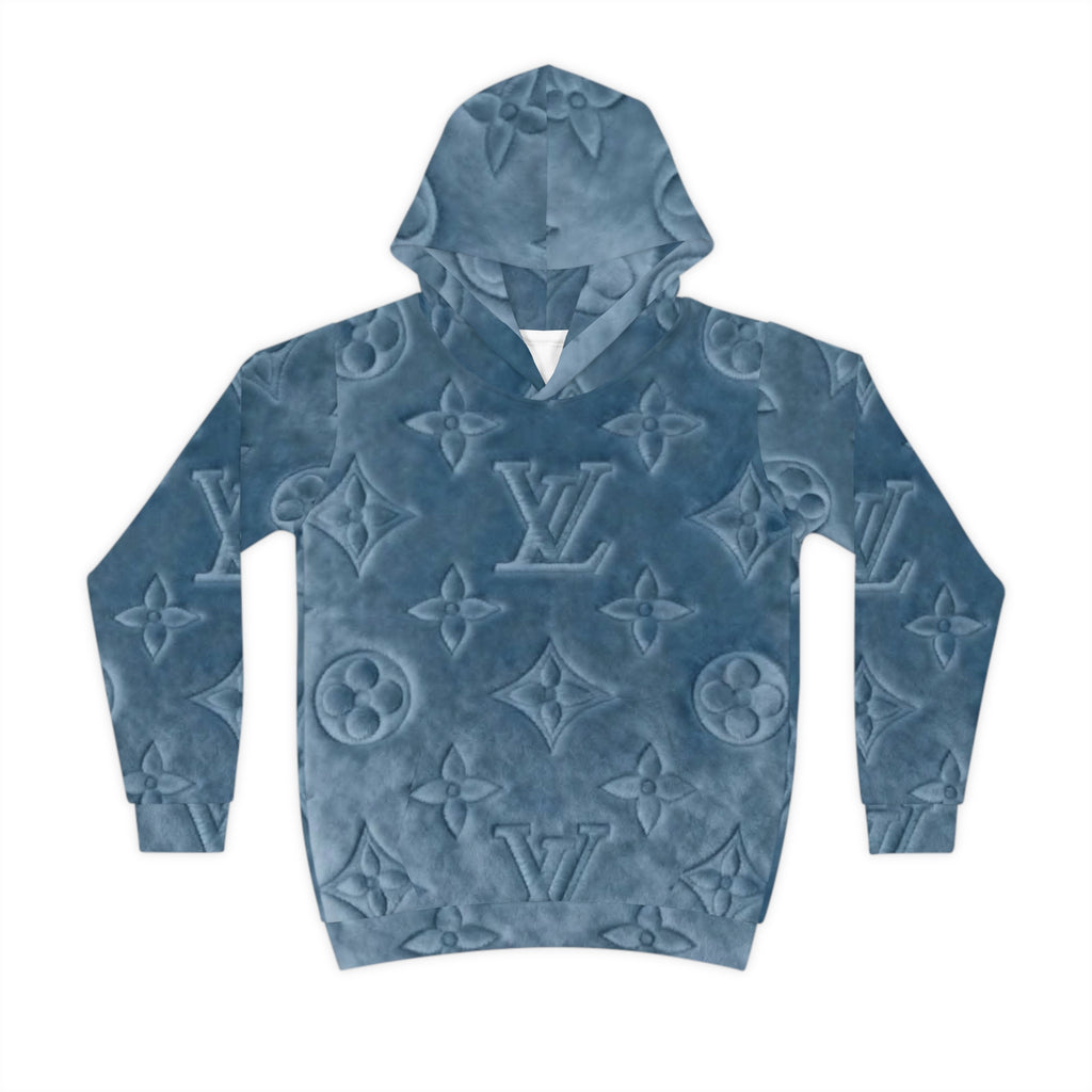 Kids Luxury Monogram Hoodie — Blue Plush All-Over Print