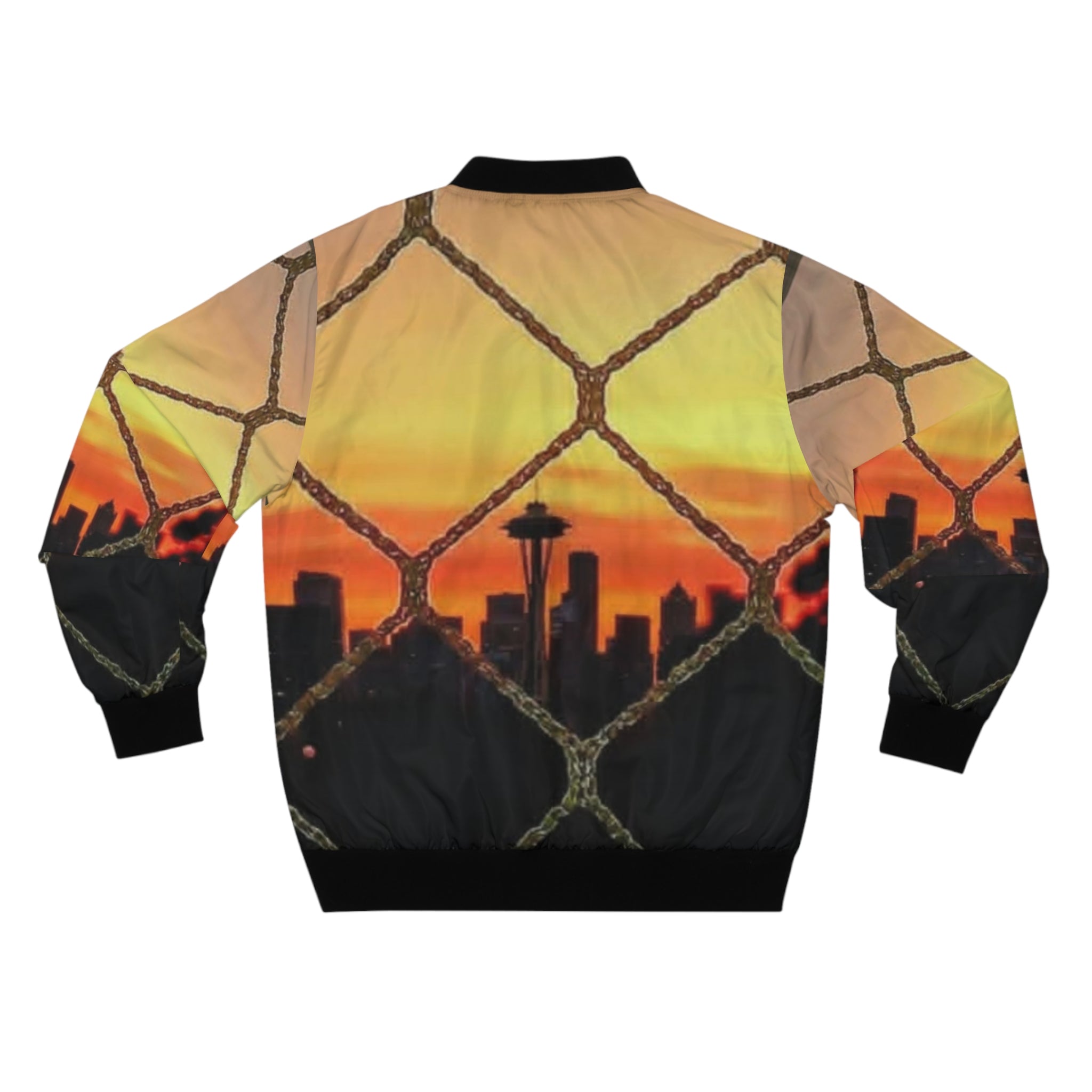 Seattle Sunset Skyline Bomber Jacket — Chainlink Fence AOP