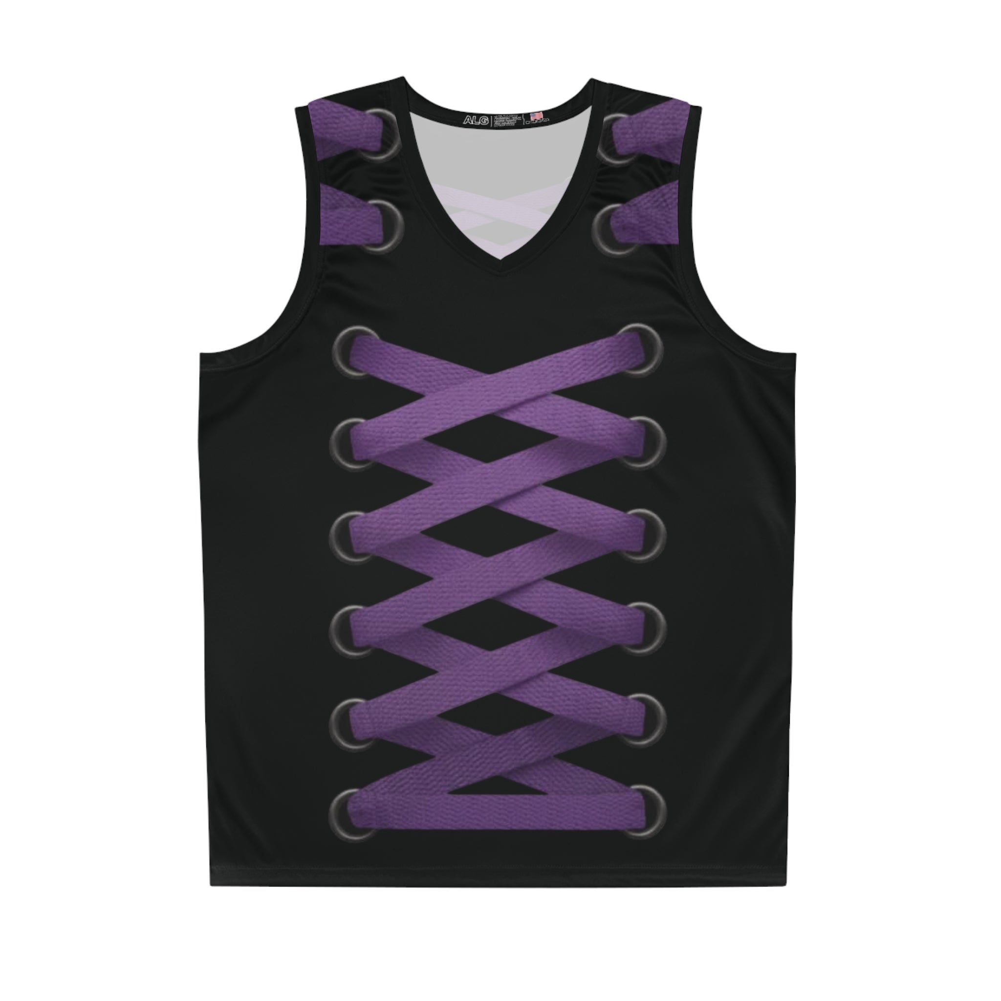 Laced-Up Basketball Jersey — Black with Purple Shoelace Design