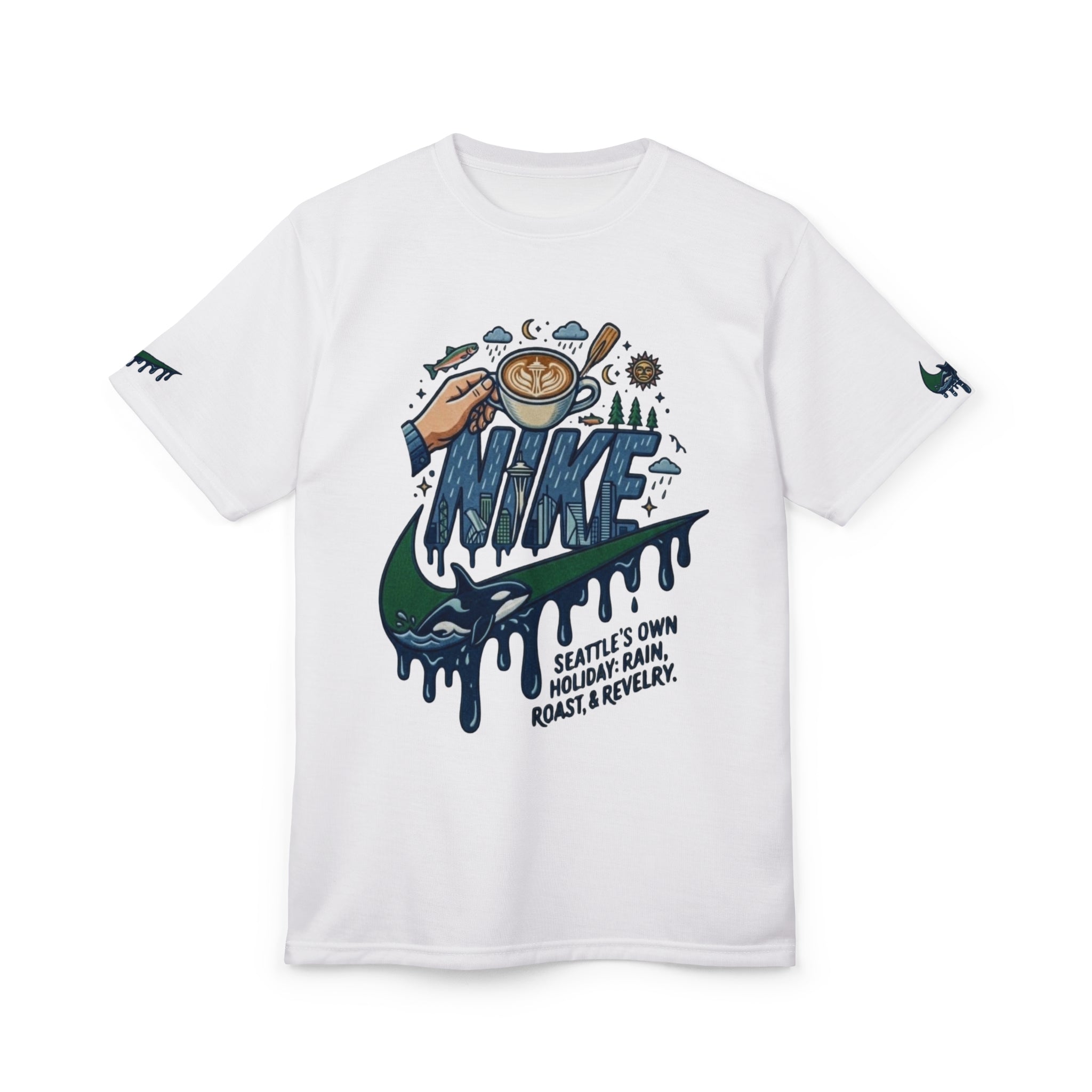Seattle Coffee Drip Tee — 'Seattle's Own: Holiday, Rain, Roast & Revelry' Graphic T-Shirt