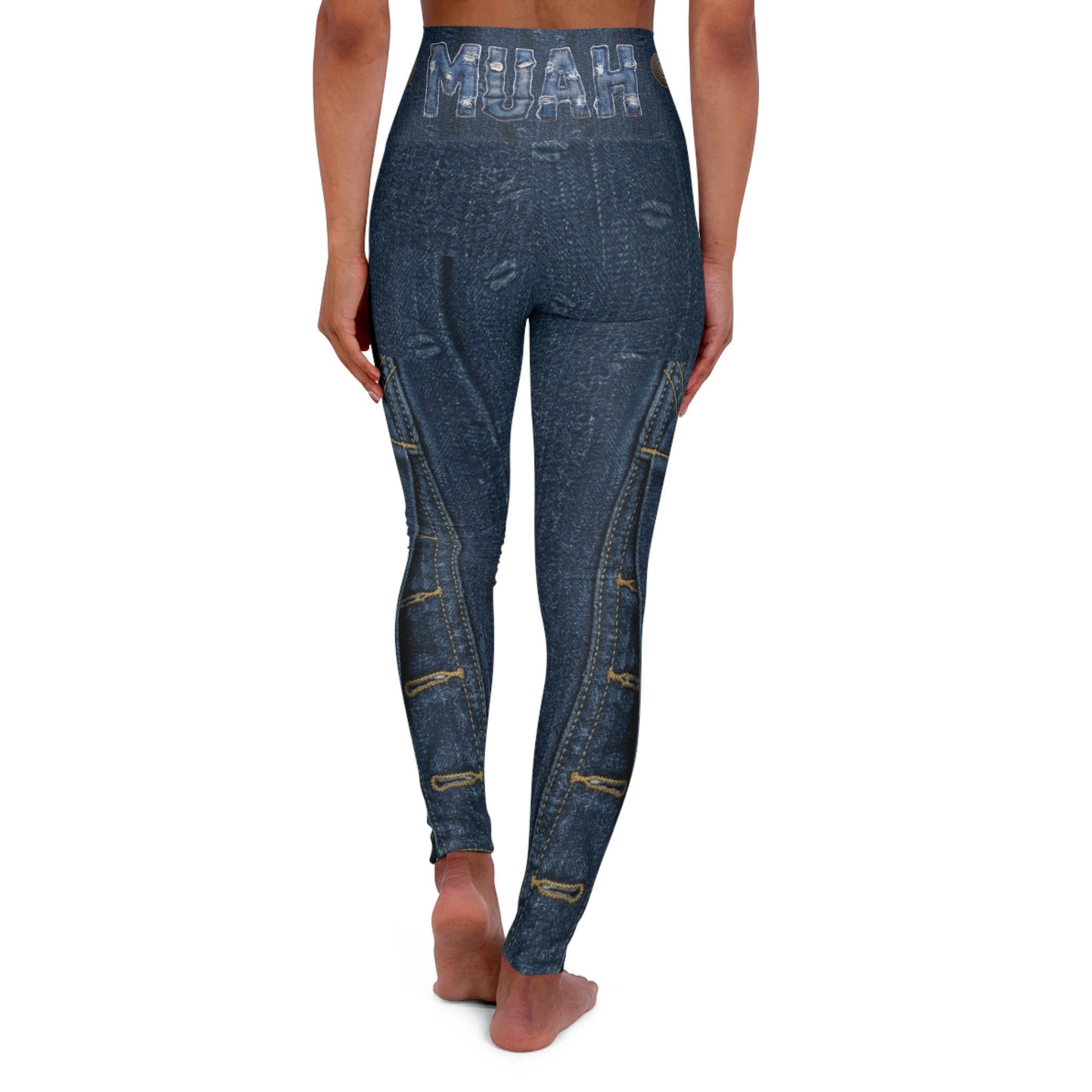 Denim-Print High-Waist Yoga Leggings — Faux Jean Look with Button & Stitch Details