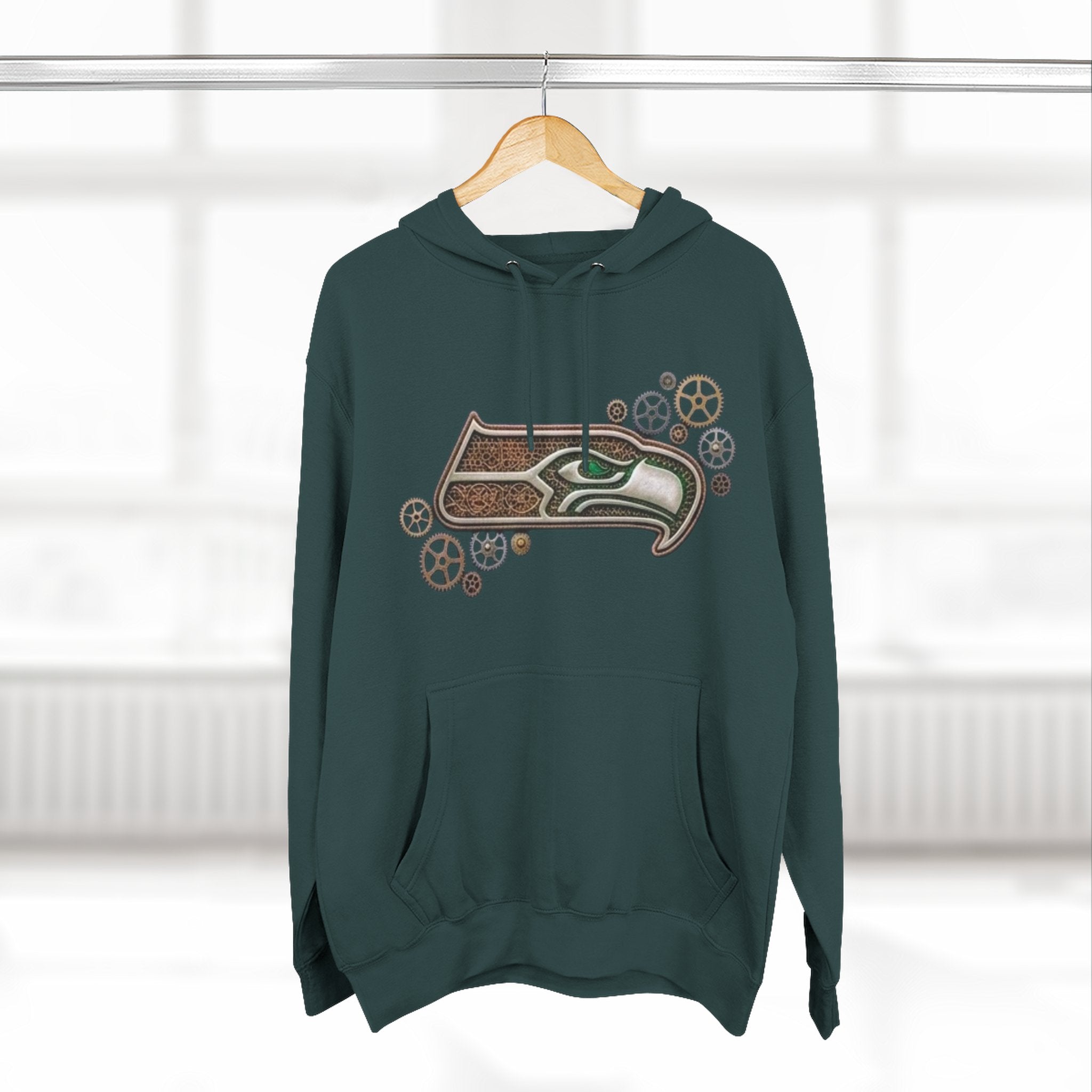 Seahawk Gear Hoodie — Vintage Seahawk Emblem with Gear Accents