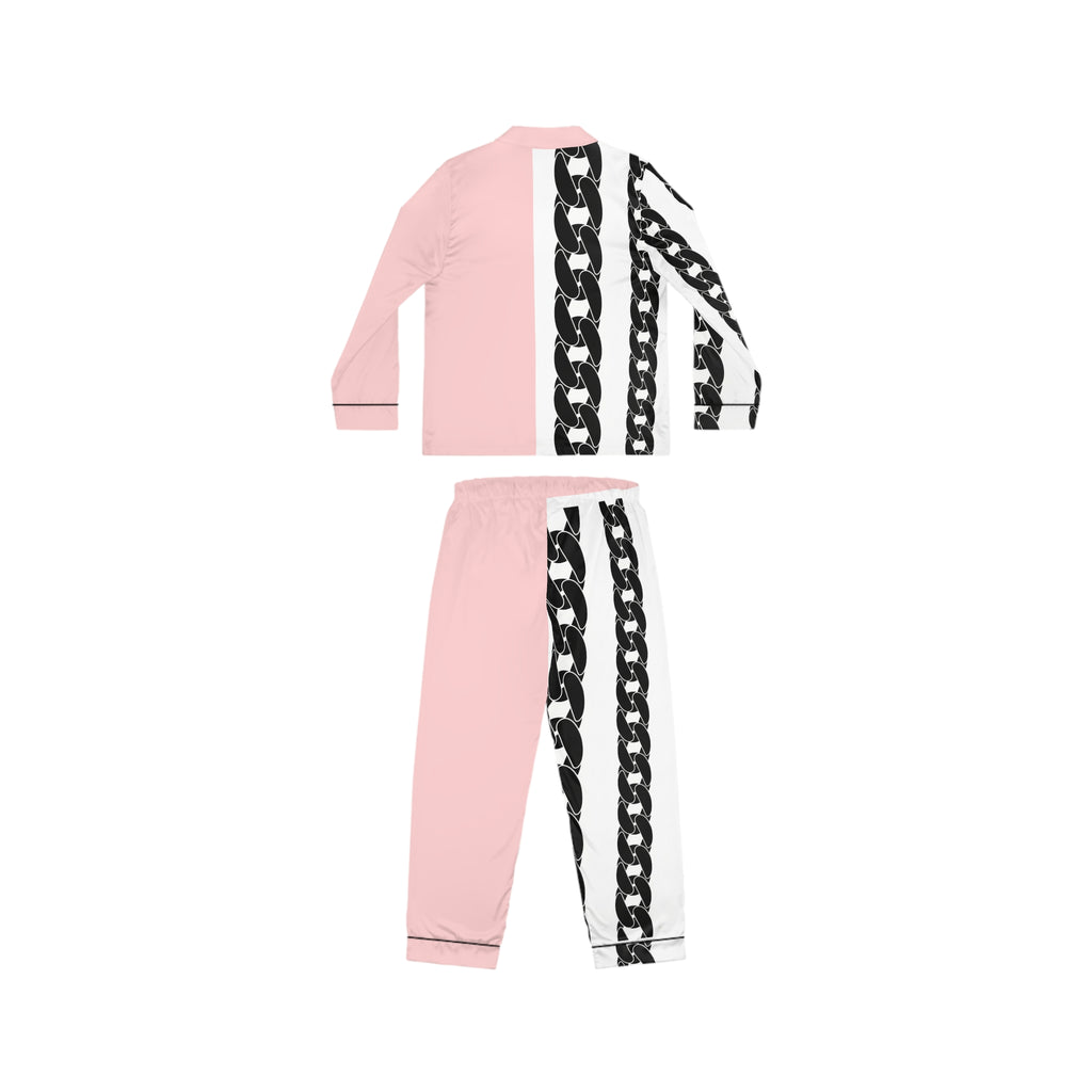 Pink Satin Pajama Set with Black Chain Print — Women's Luxe Sleepwear