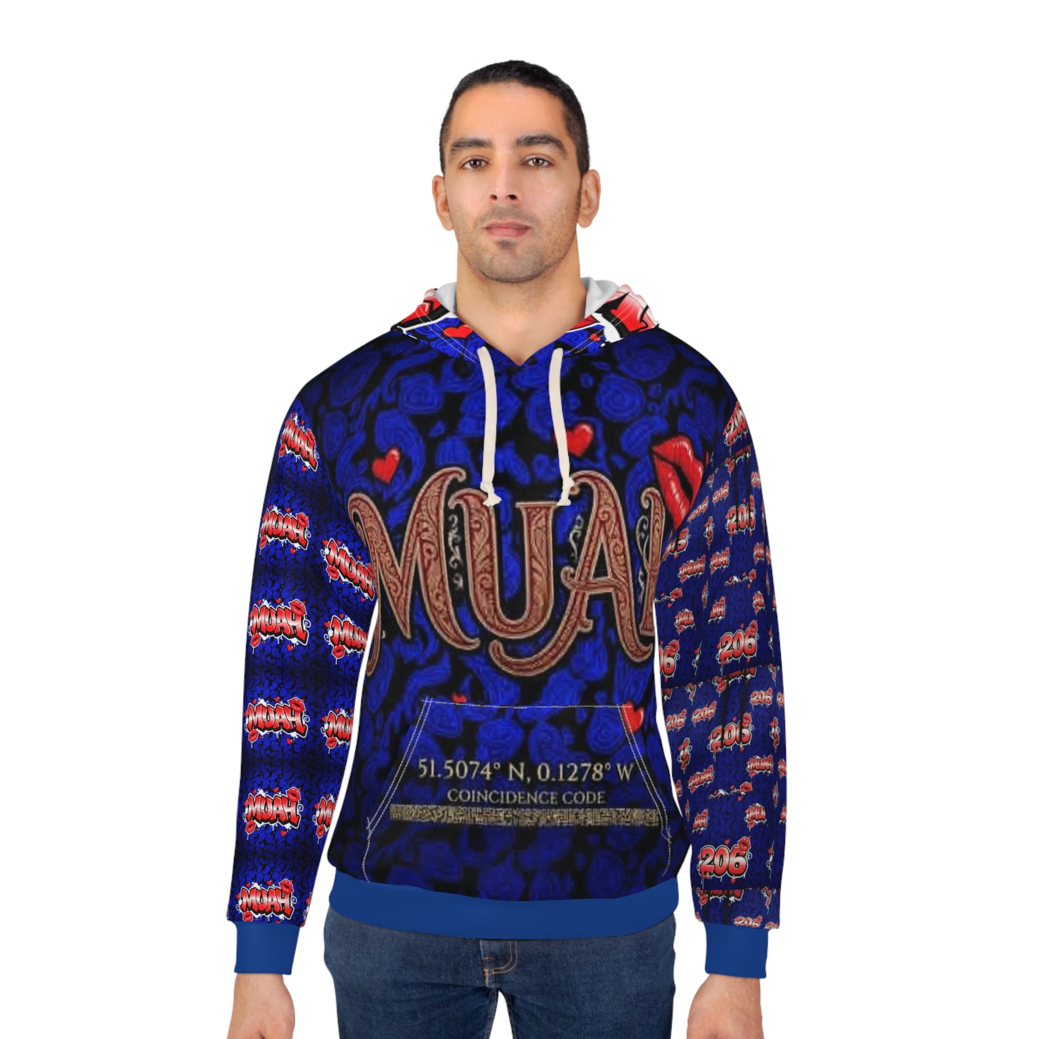 Muah Graphic Hoodie — Romantic Lip & Hearts All-Over Print Pullover