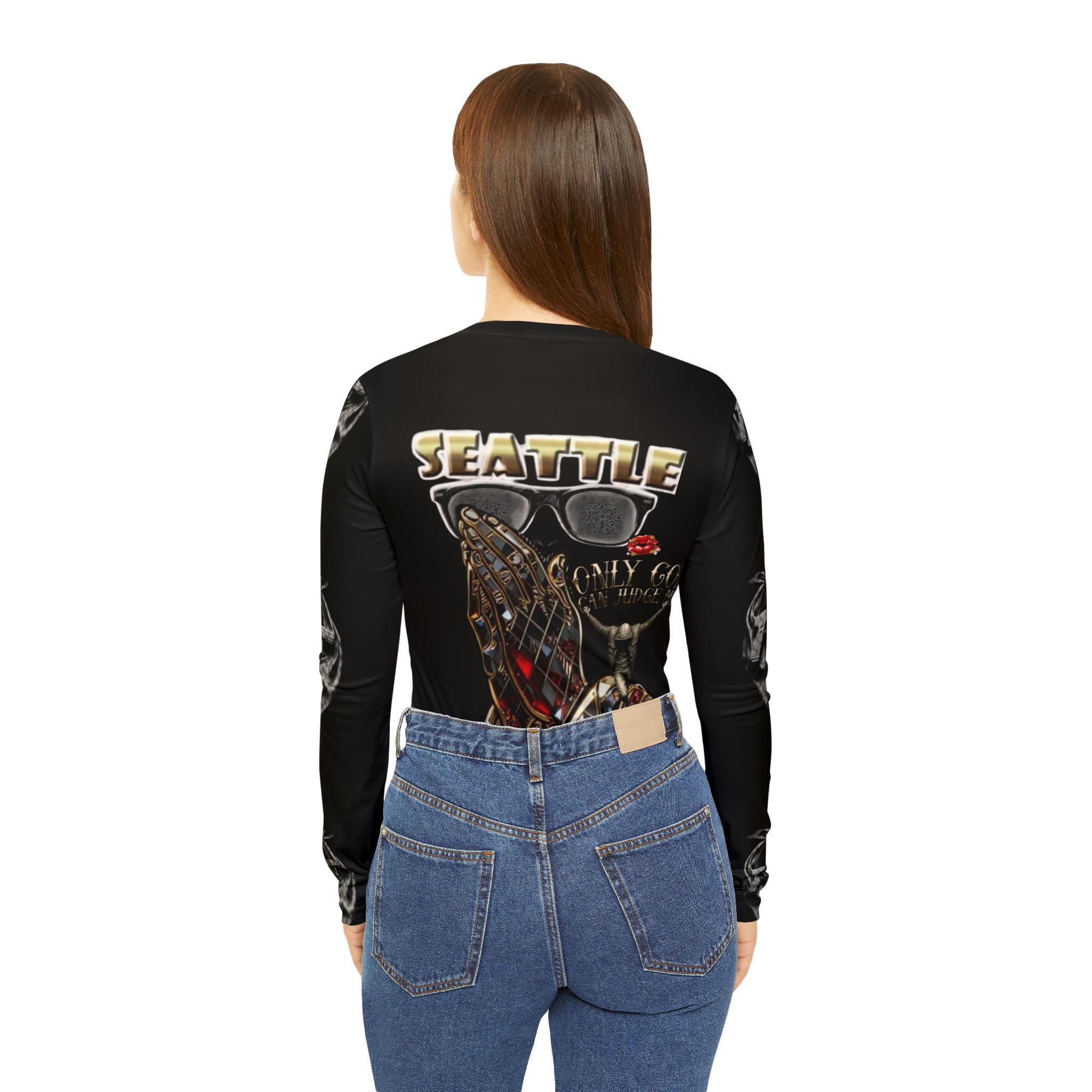 Seattle Prayer Hands & Gun Graphic Long Sleeve V-Neck Shirt