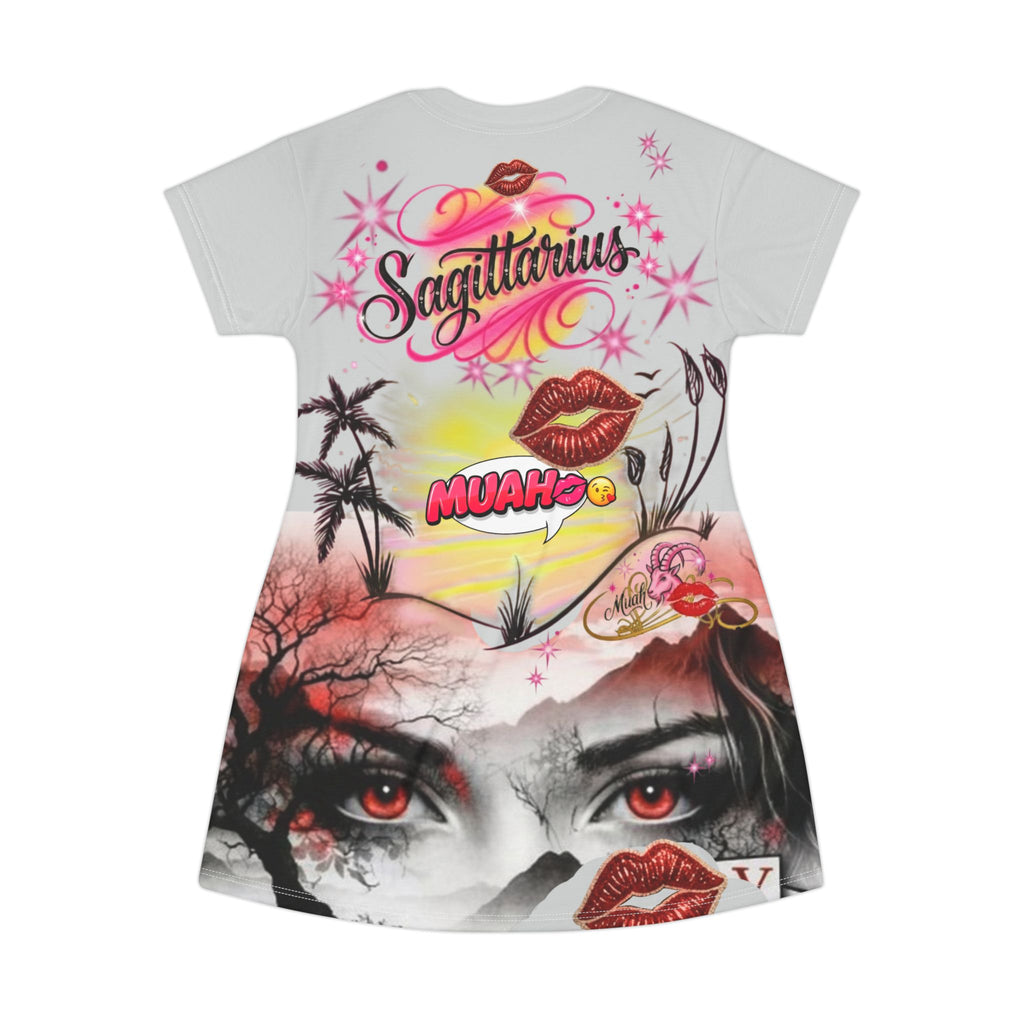 Sagittarius Love Graphic T‑Shirt Dress — Red Kiss Cards & Mystic Eyes Print