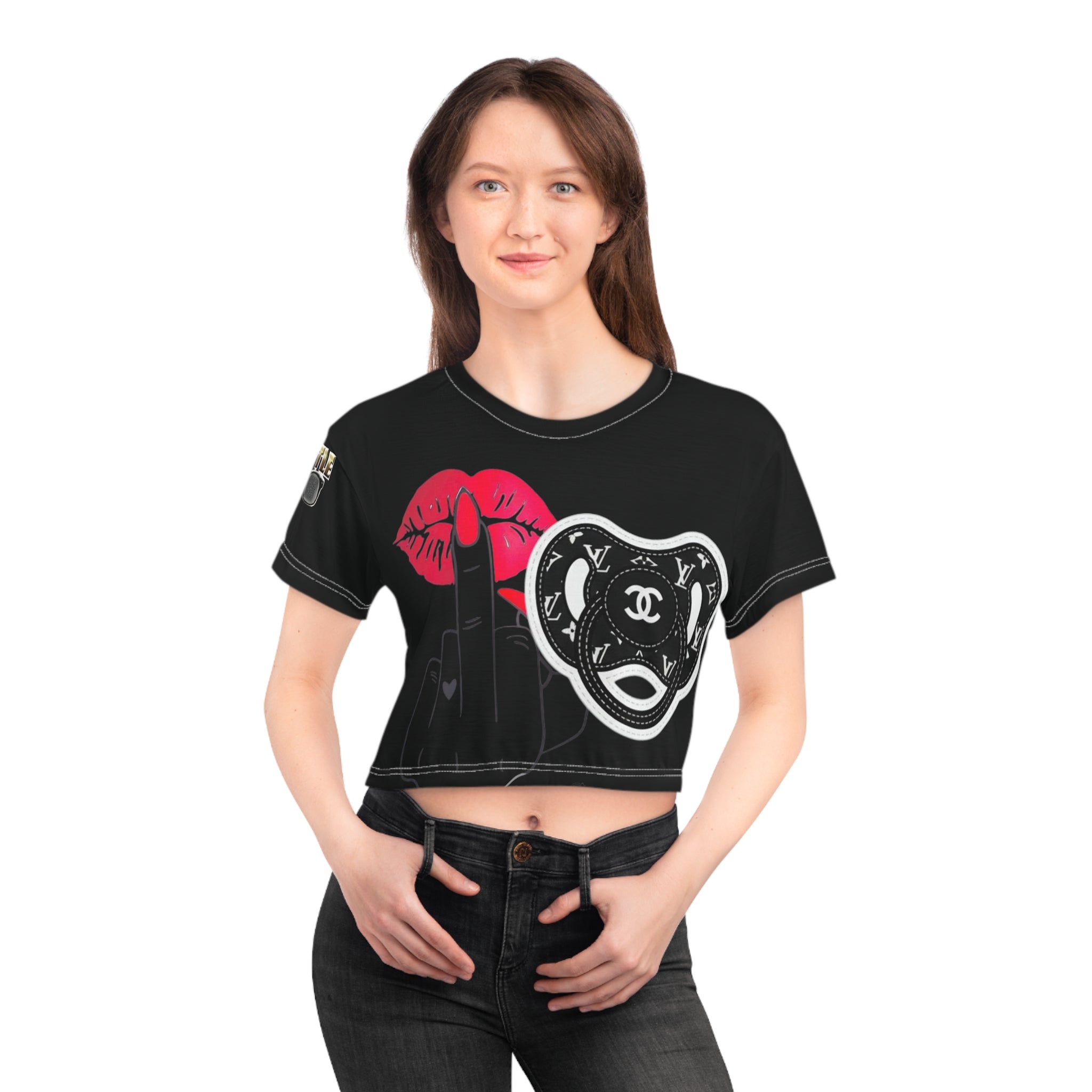 Graphic Crop Tee — Bold Red Lips & Middle Finger All-Over Print