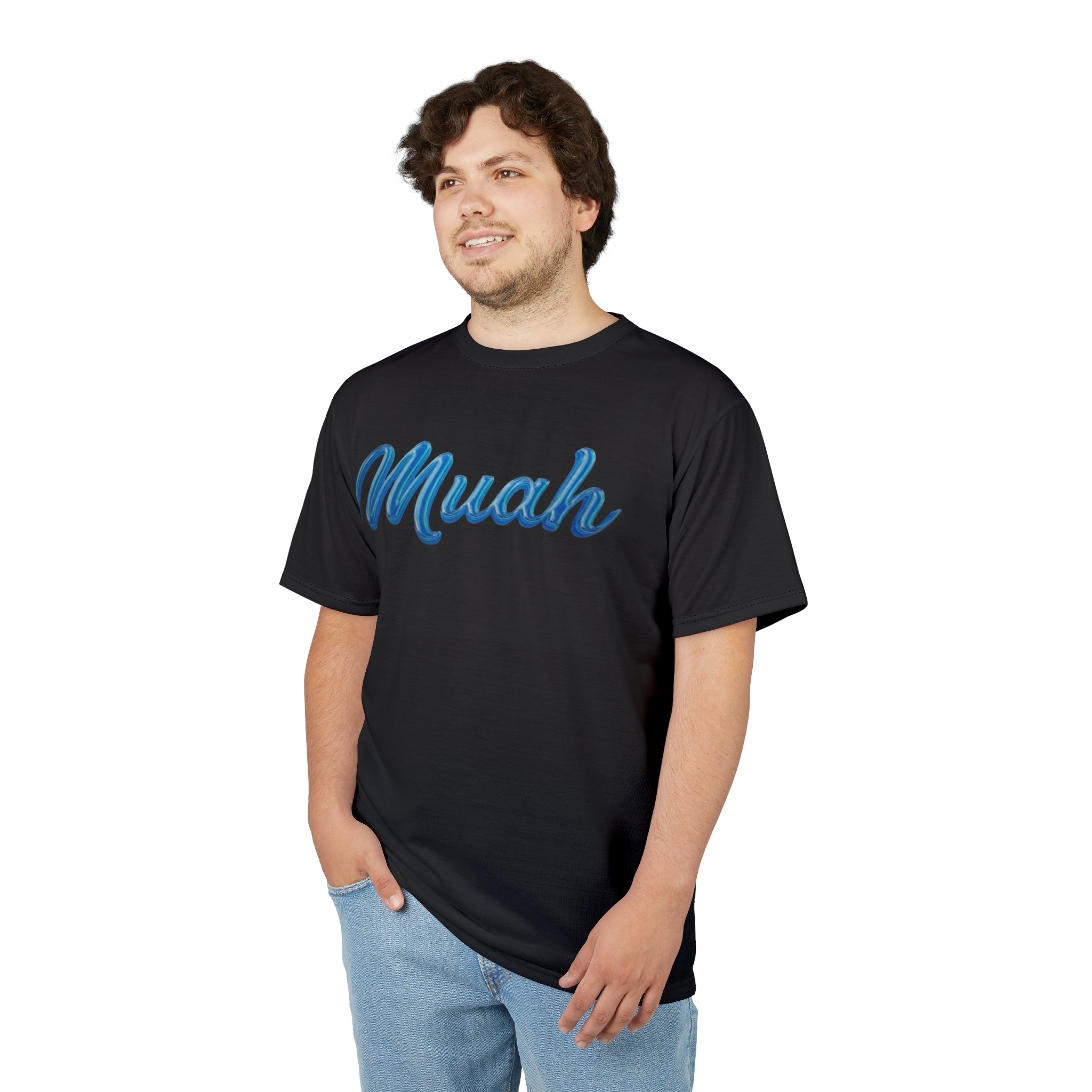 Muah Script Tee - Retro Blue Handwritten Graphic T-Shirt