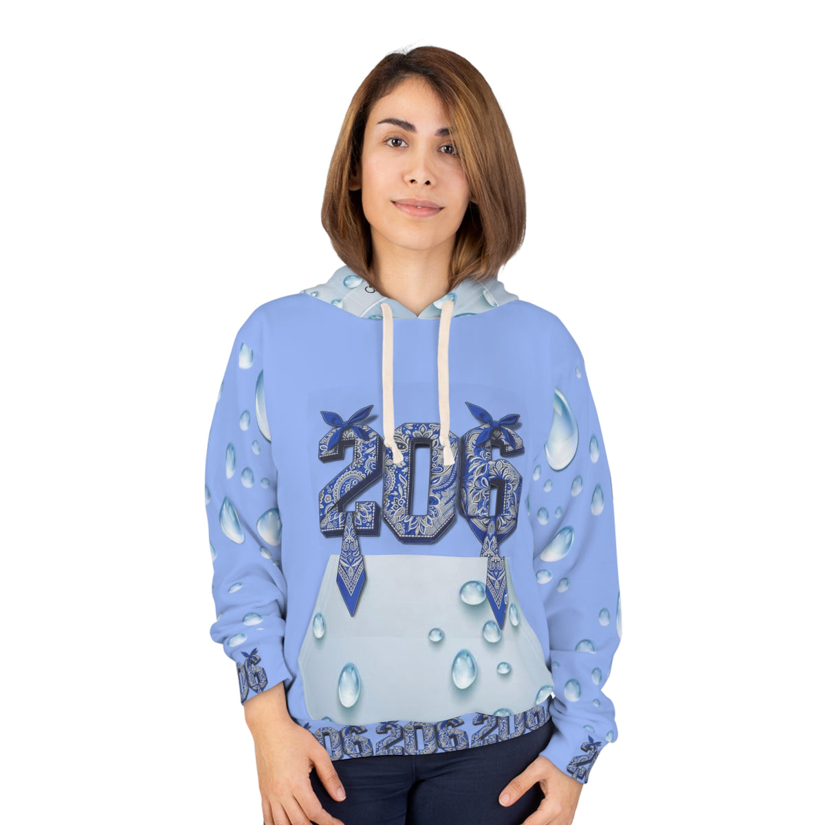 206 Water Droplet Hoodie — Blue Raindrop All-Over Print Pullover