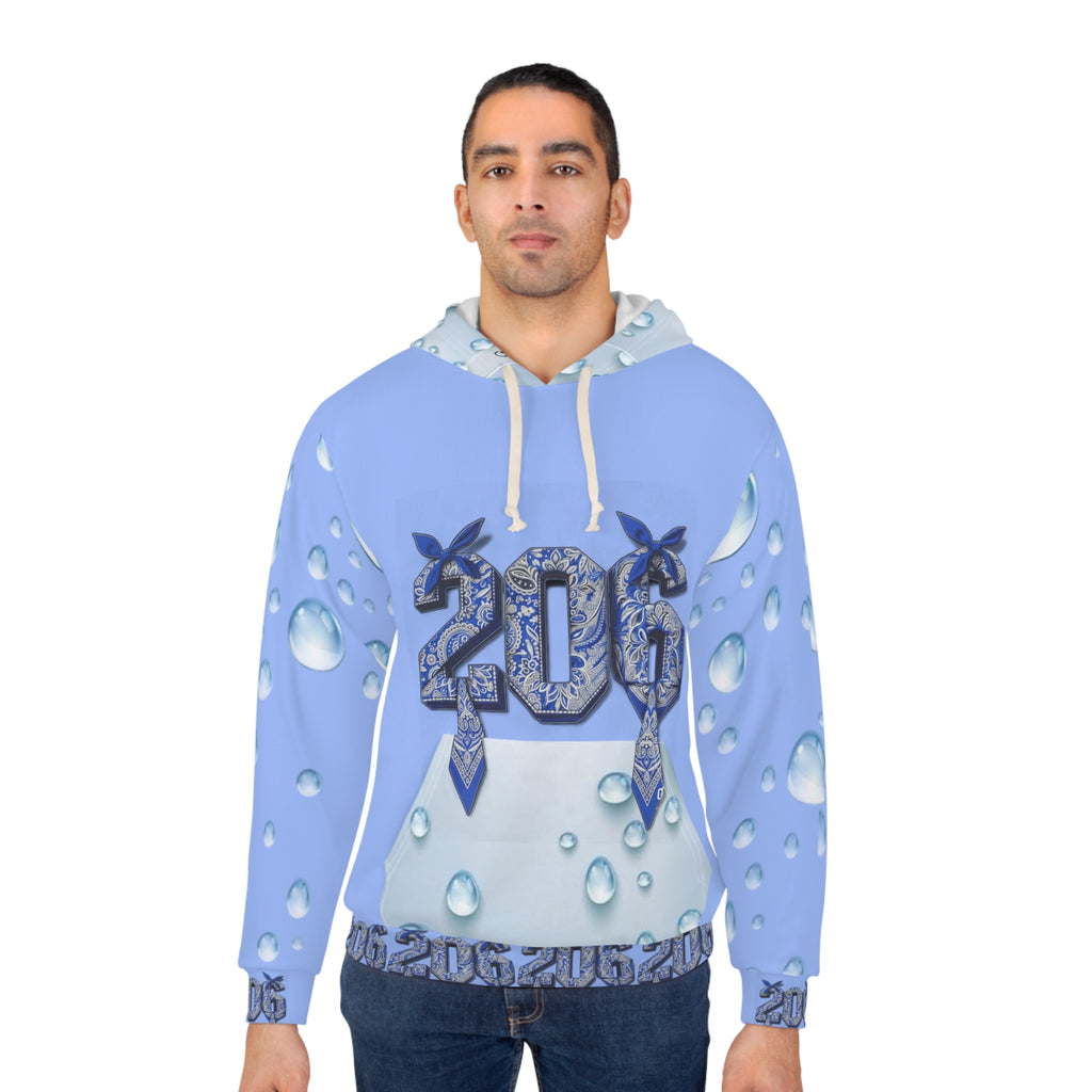 206 Water Droplet Hoodie — Blue Raindrop All-Over Print Pullover