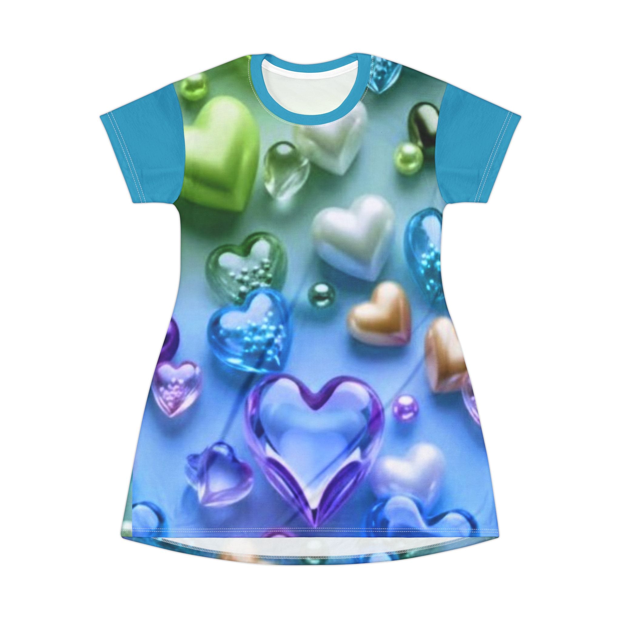 Heart Bubble All-Over Print T-Shirt Dress — Colorful 3D Hearts Summer Dress