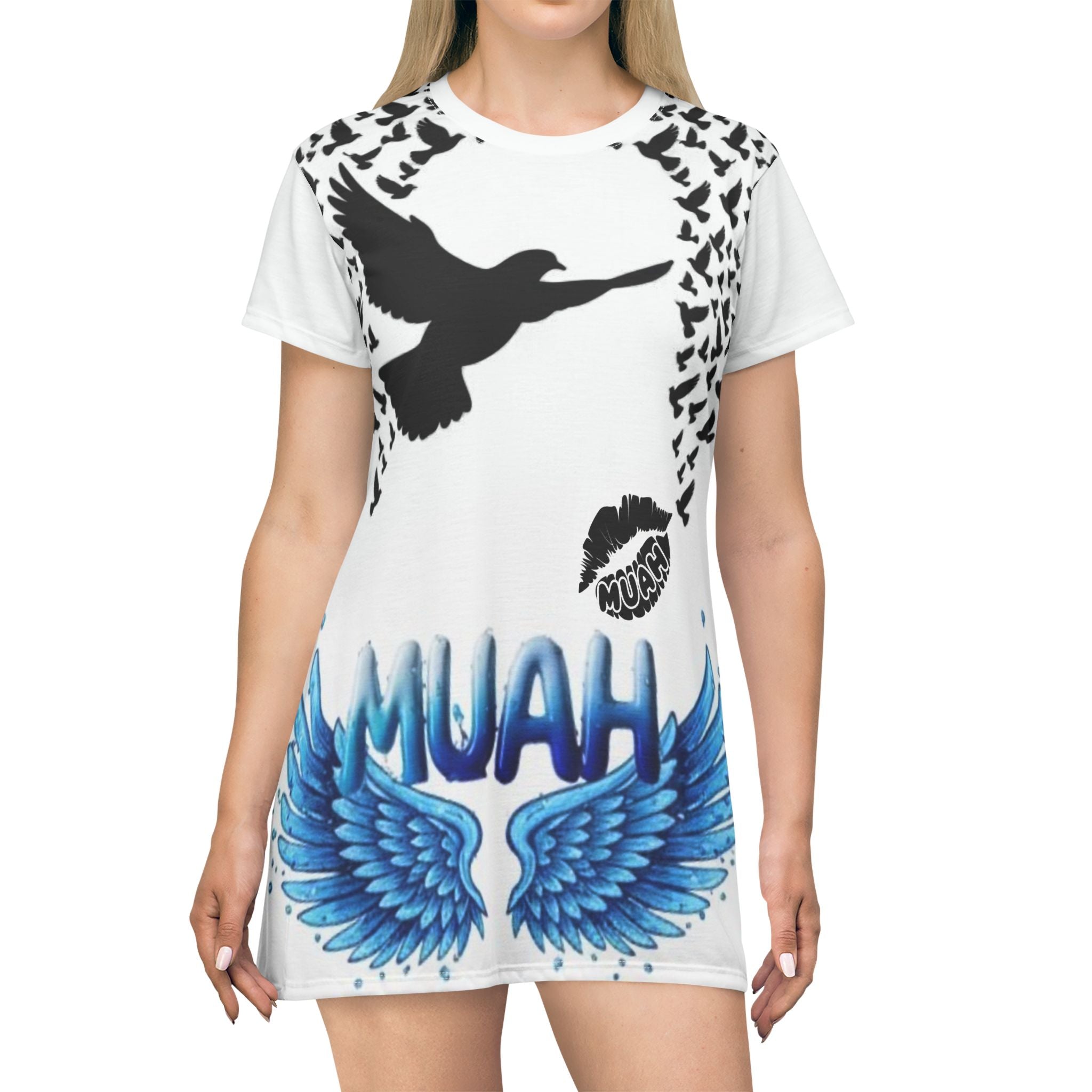 T-Shirt Dress — 'Muah' Angel Wings & Dove Graphic AOP Dress