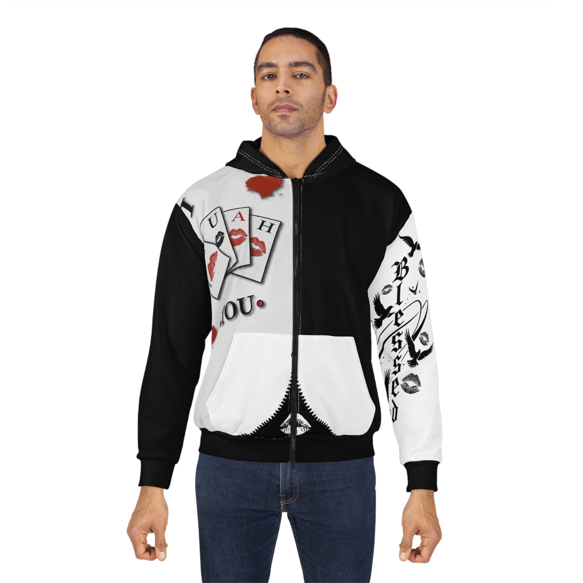 Muah You Zip Hoodie — Black & White Kiss Card Graphic Zip-Up