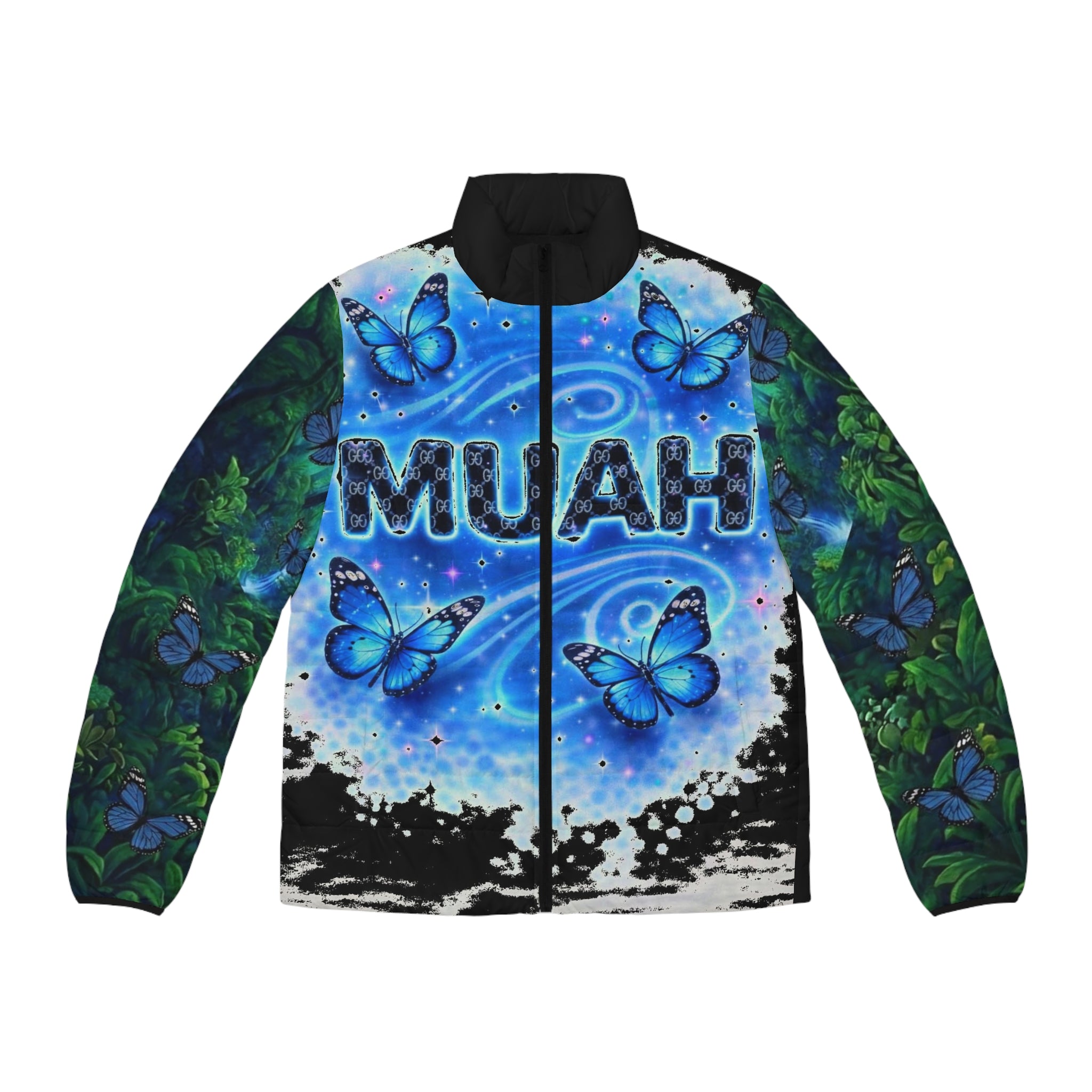 Butterfly Forest Puffer Jacket — "MUAH" Blue Smurfette AOP Men's Puffer