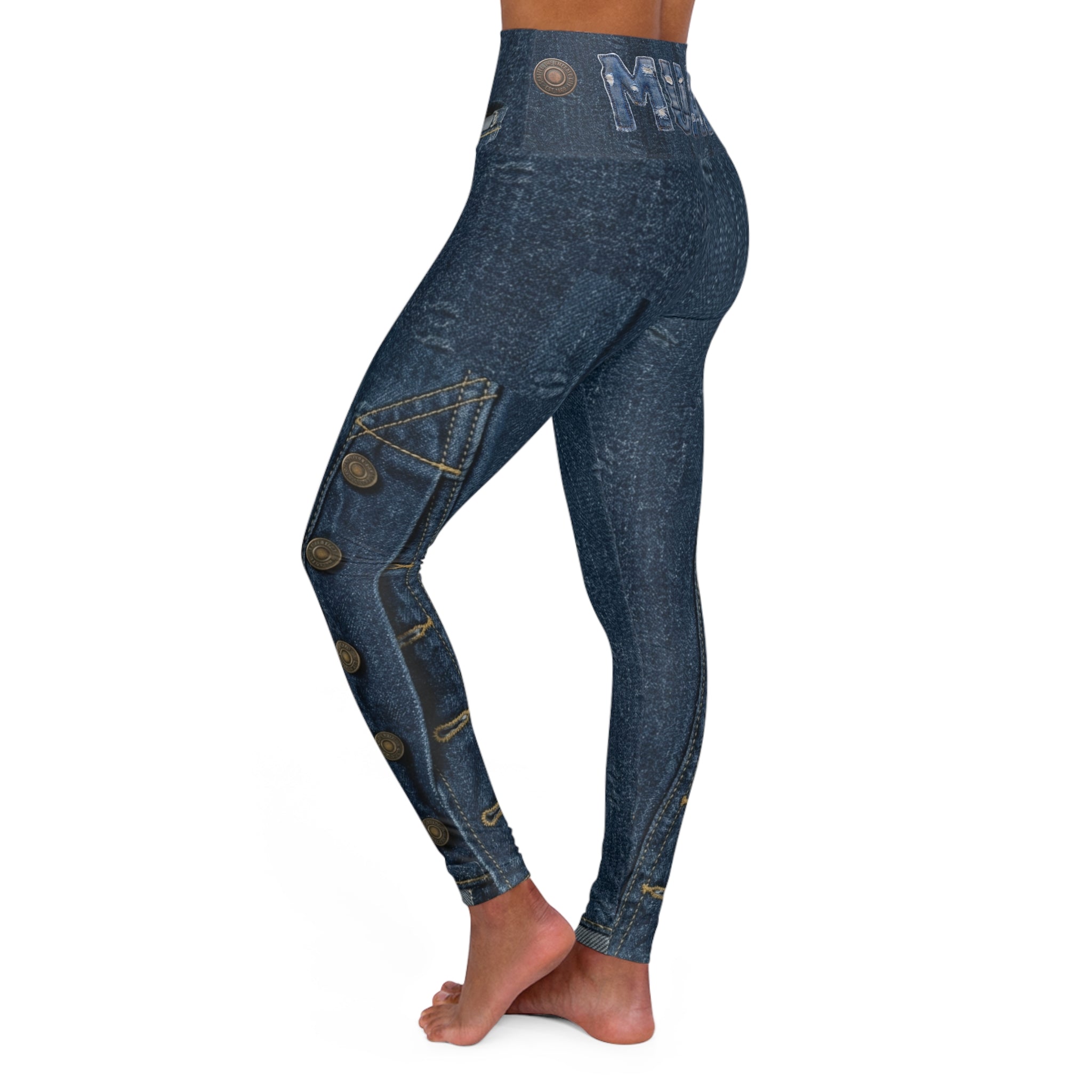 Denim-Print High-Waist Yoga Leggings — Faux Jean Look with Button & Stitch Details