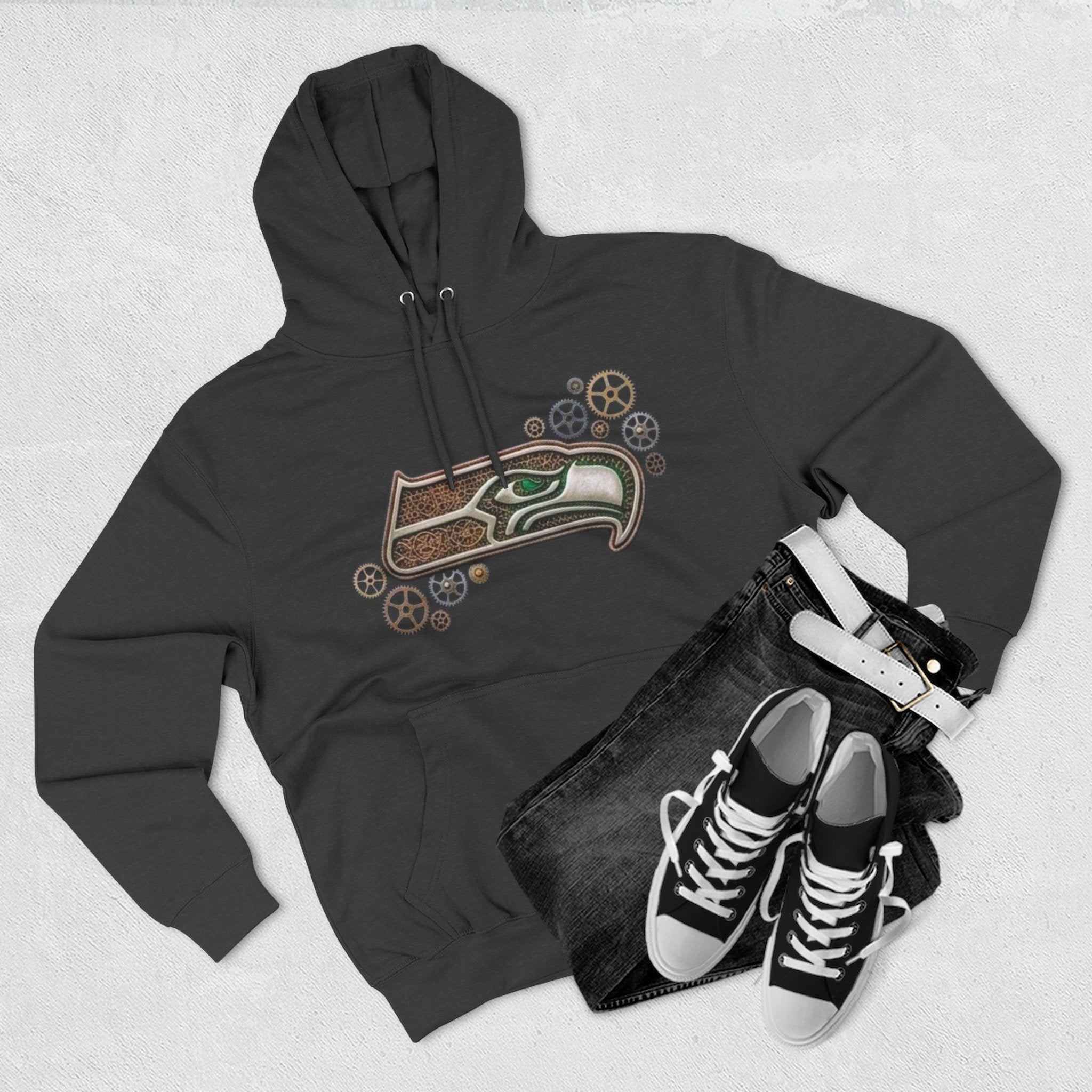 Seahawk Gear Hoodie — Vintage Seahawk Emblem with Gear Accents