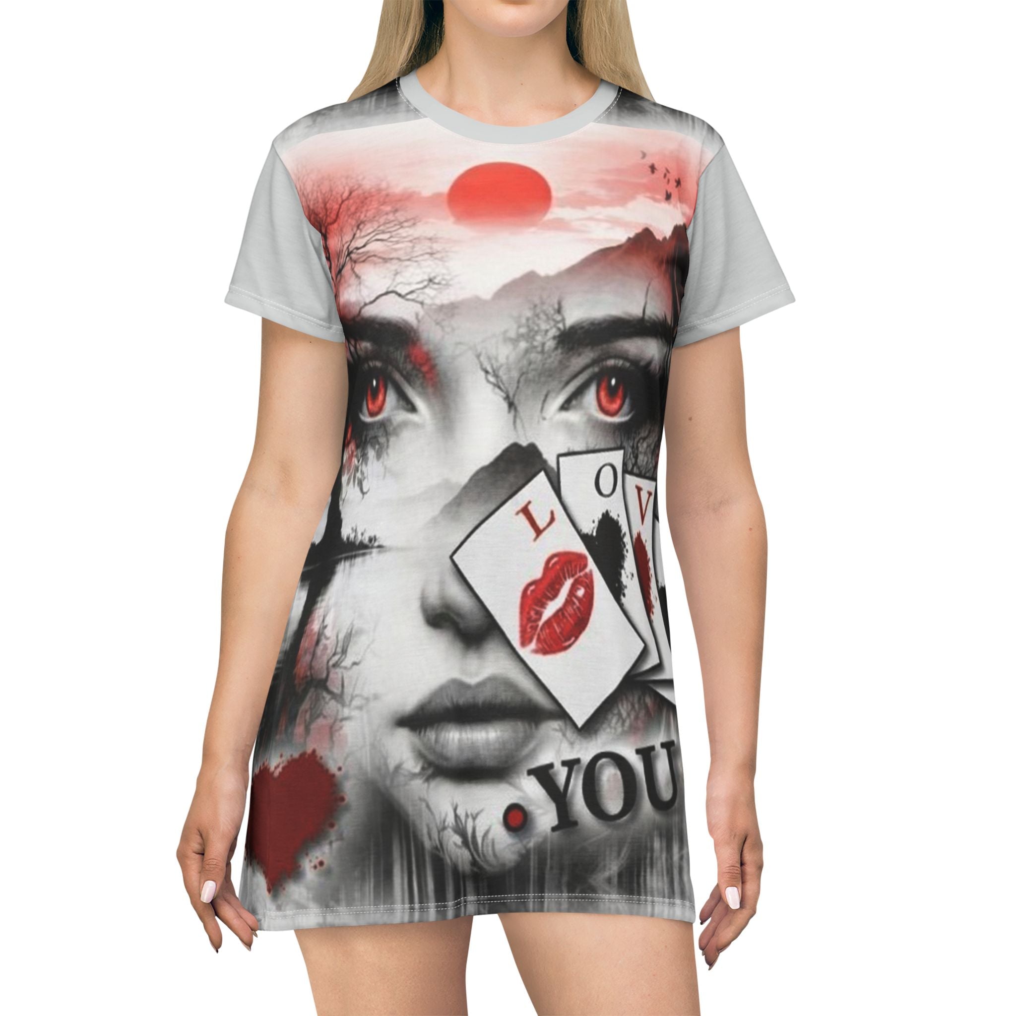 Sagittarius Love Graphic T‑Shirt Dress — Red Kiss Cards & Mystic Eyes Print