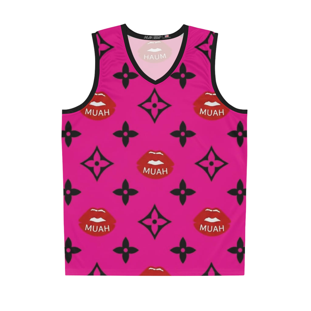 Pink Kiss Pattern Basketball Jersey — "MUAH" All-Over-Print Streetwear