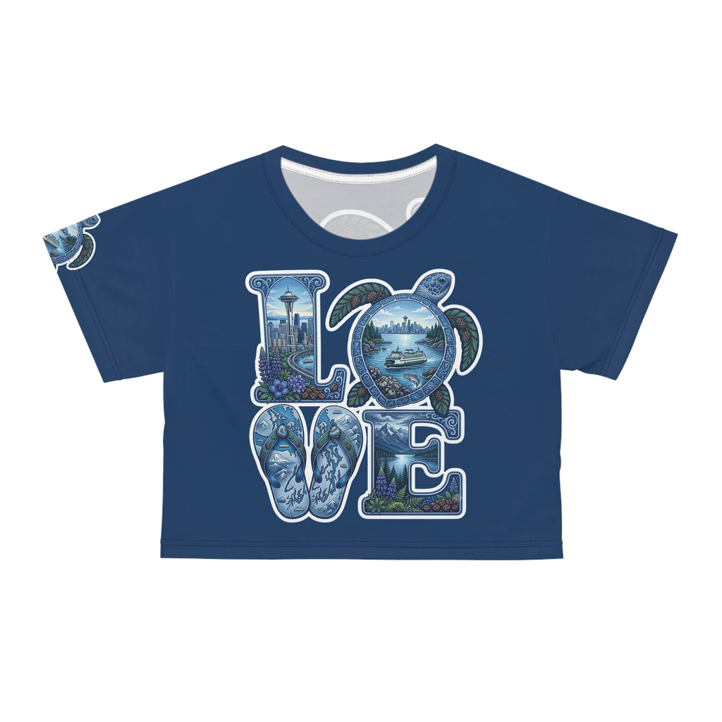 Seattle LOVE Turtle Crop Tee — Pacific Northwest Scenic Graphic Top