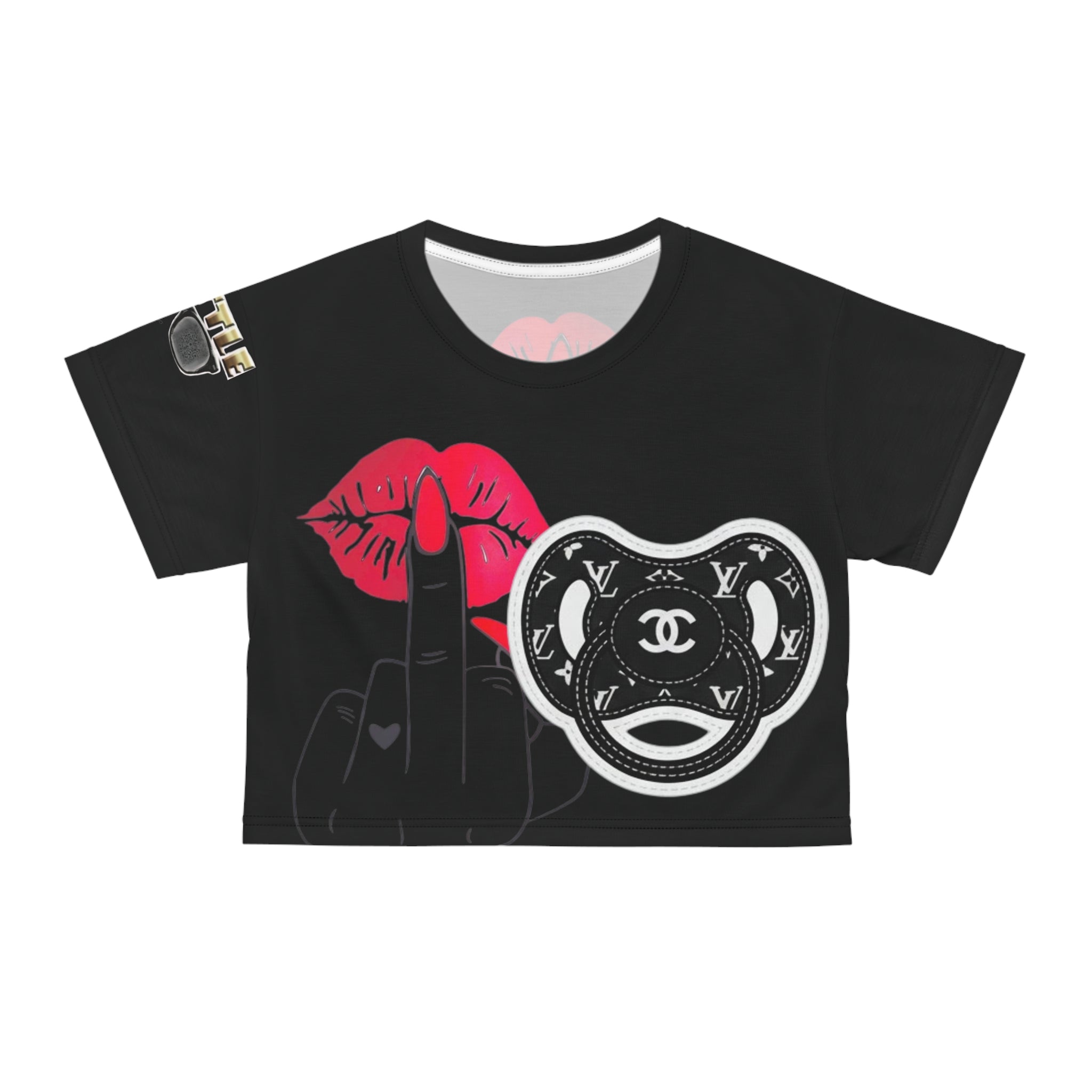 Graphic Crop Tee — Bold Red Lips & Middle Finger All-Over Print