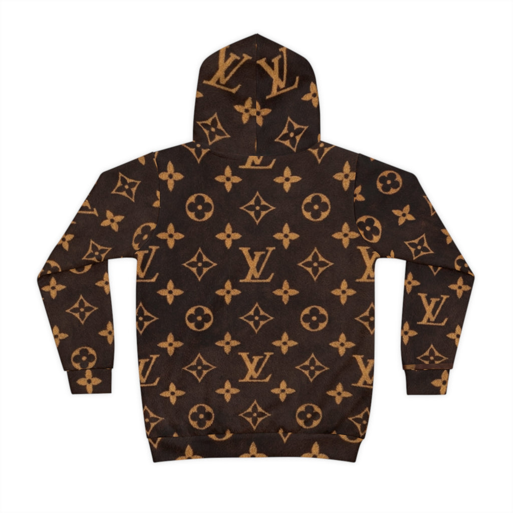Children's Designer-Inspired Hoodie — Brown Monogram Print with Cute Kitty Pocket