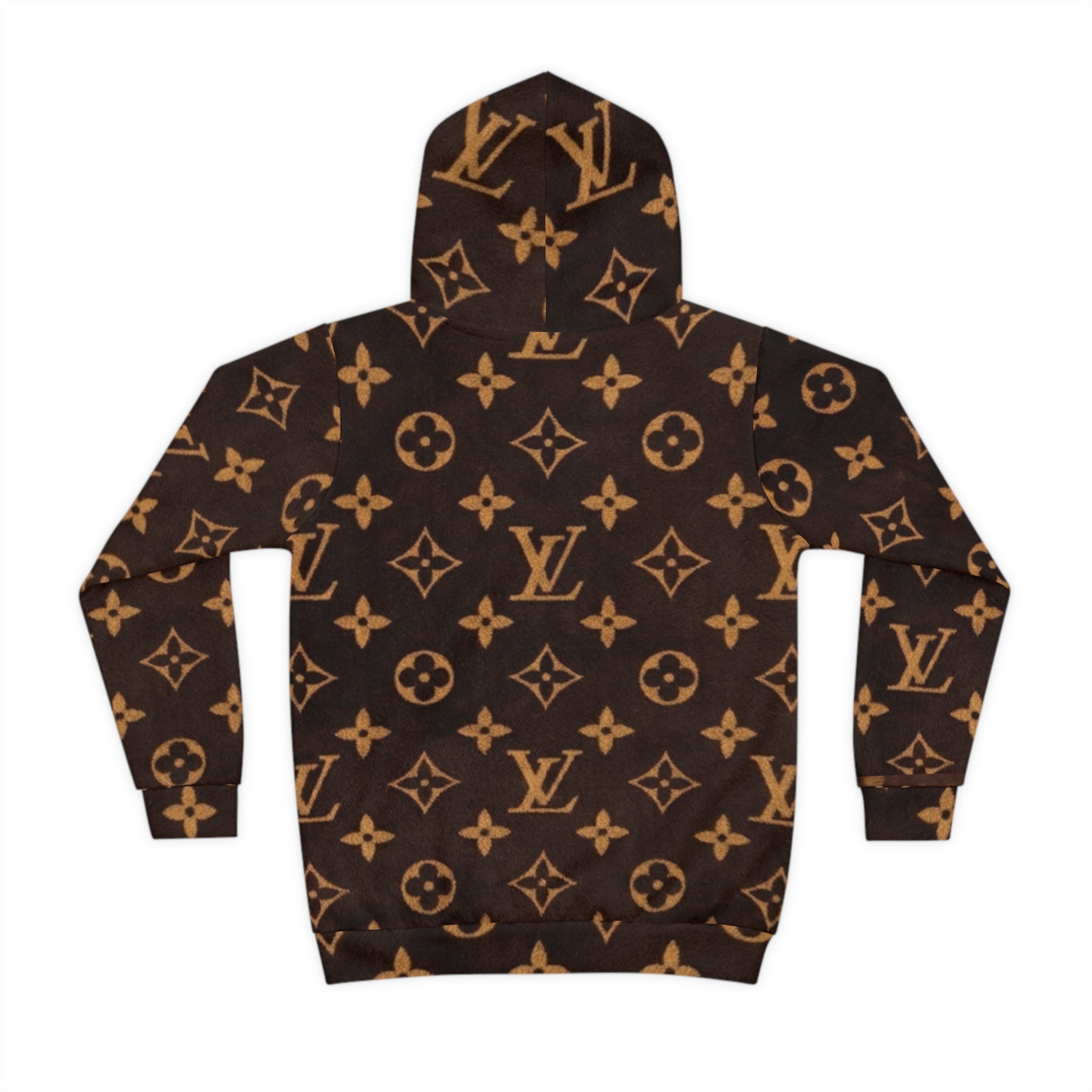 Children's Designer-Inspired Hoodie — Brown Monogram Print with Cute Kitty Pocket