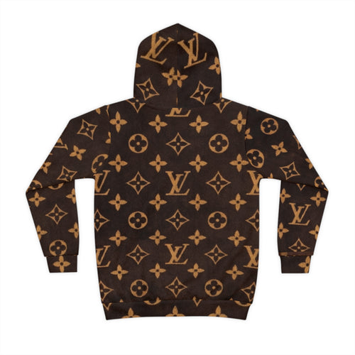 Children's Designer-Inspired Hoodie — Brown Monogram Print with Cute Kitty Pocket