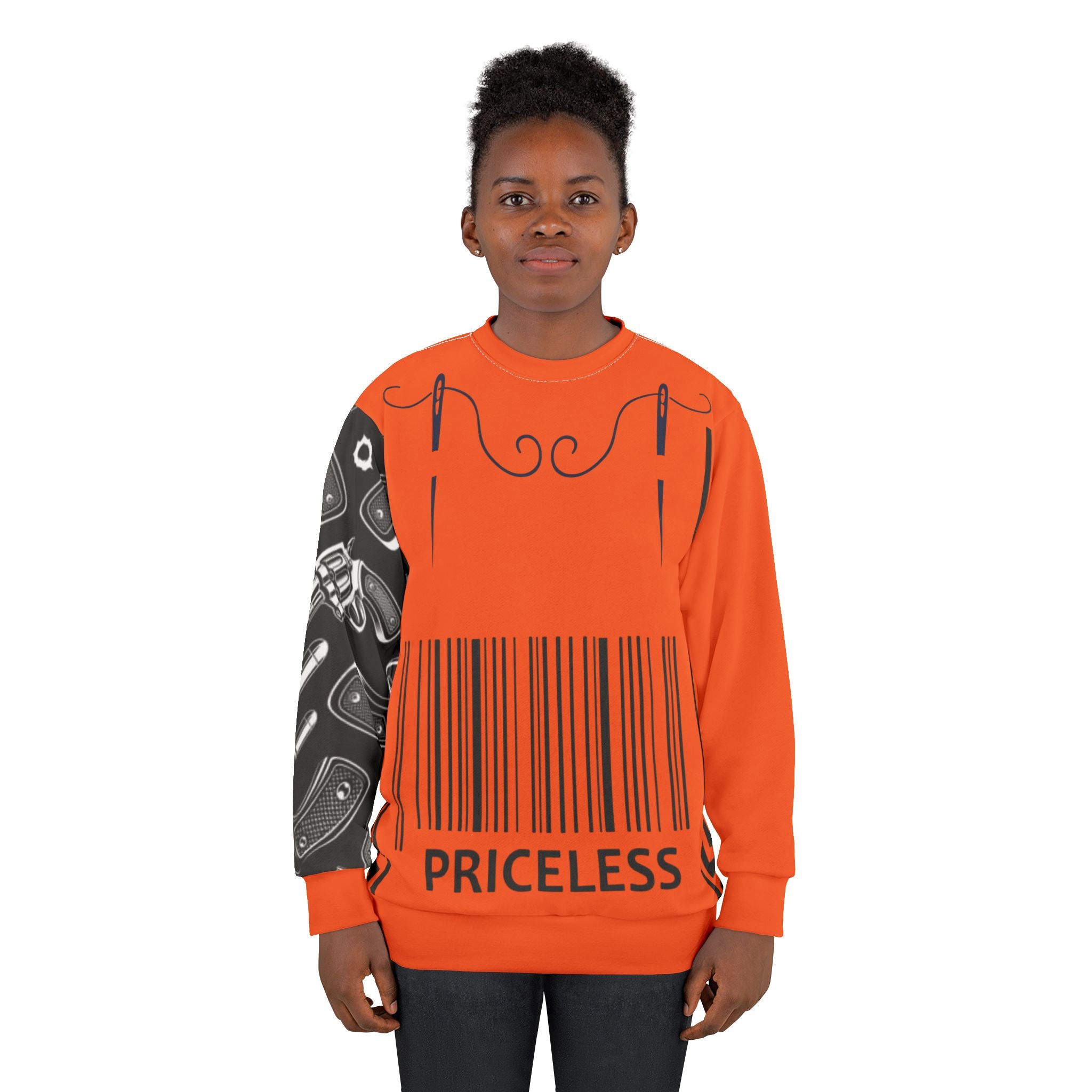 Priceless Orange Graphic Sweatshirt — Bold Barcode & Lip Art Streetwear