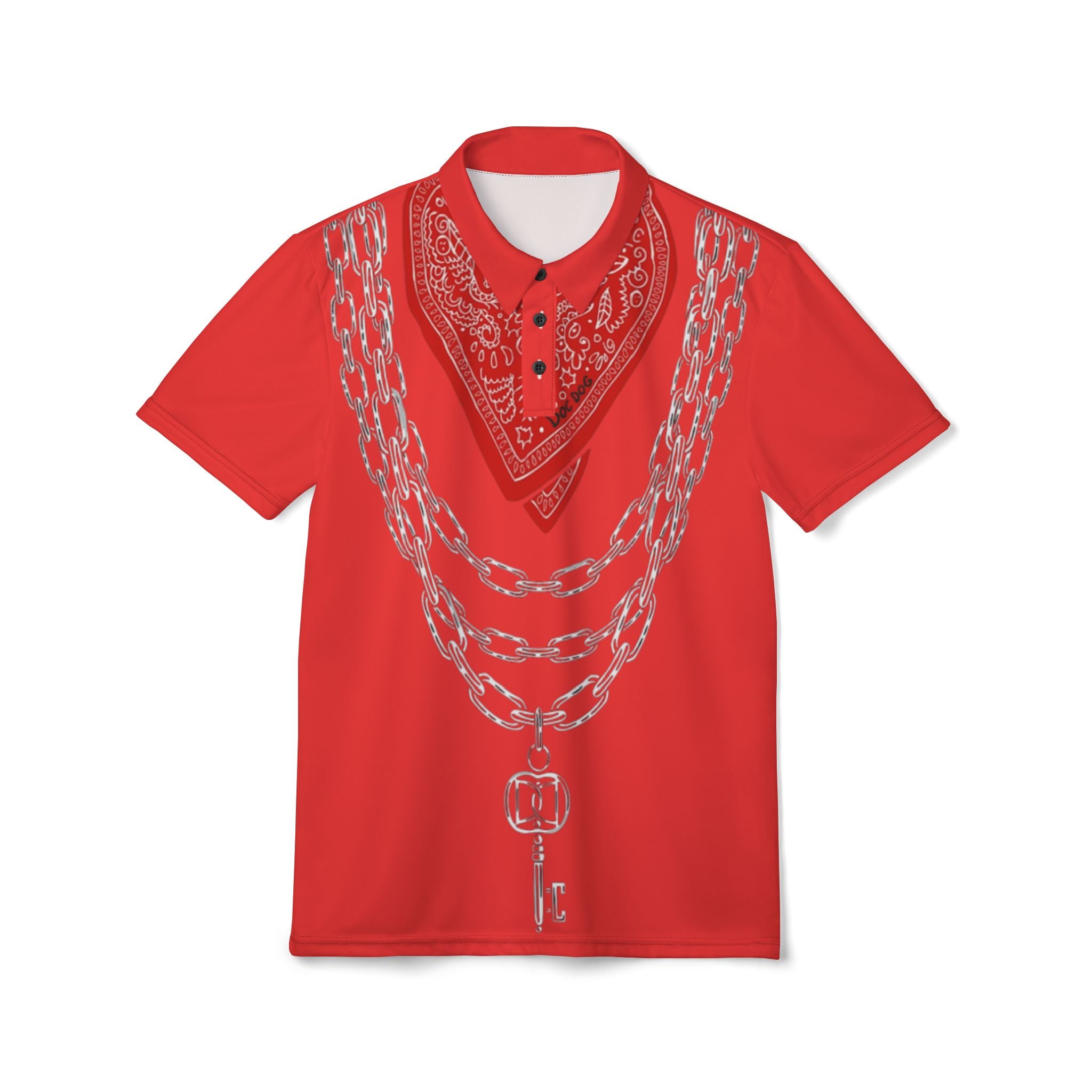 Red Bandana & Chain Print Polo Shirt — Novelty Graphic Menswear