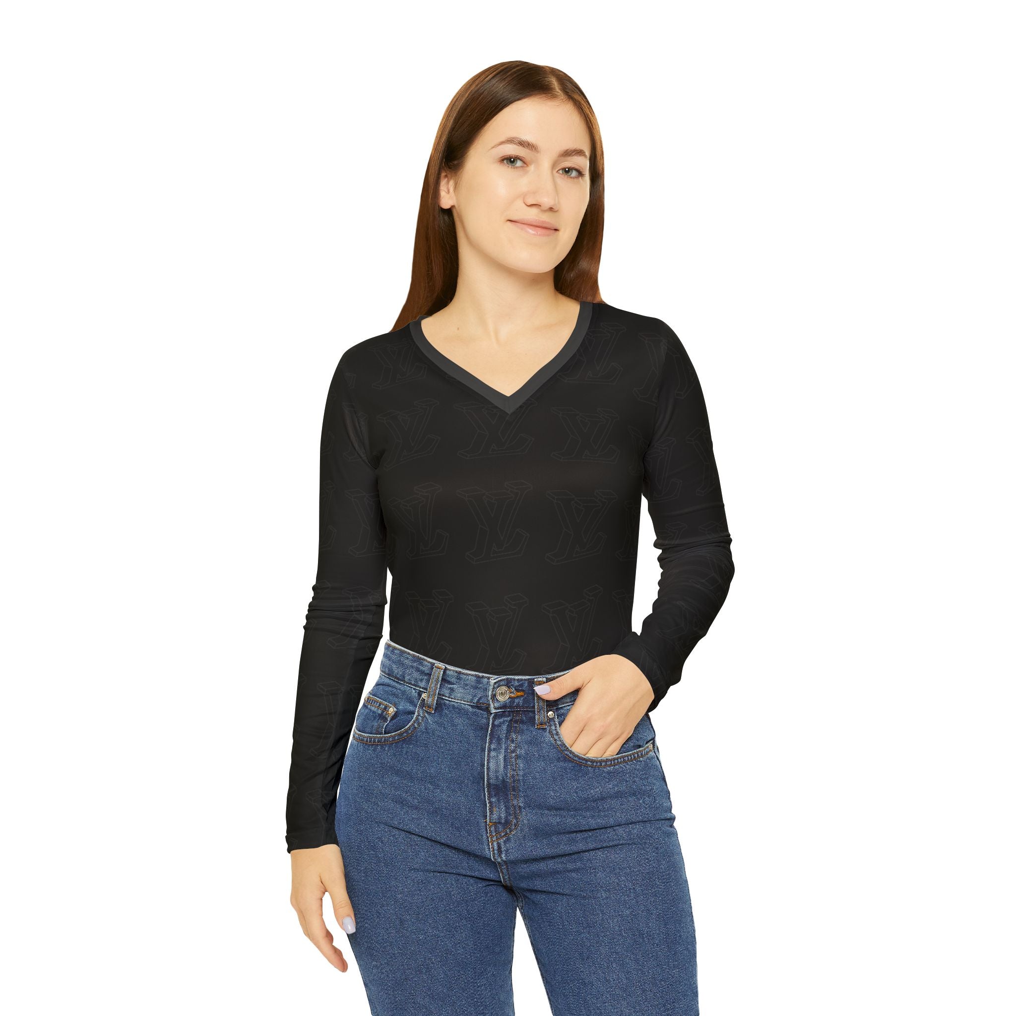 Women's V-Neck Long Sleeve Shirt — All-Over Black Minimalist Pattern