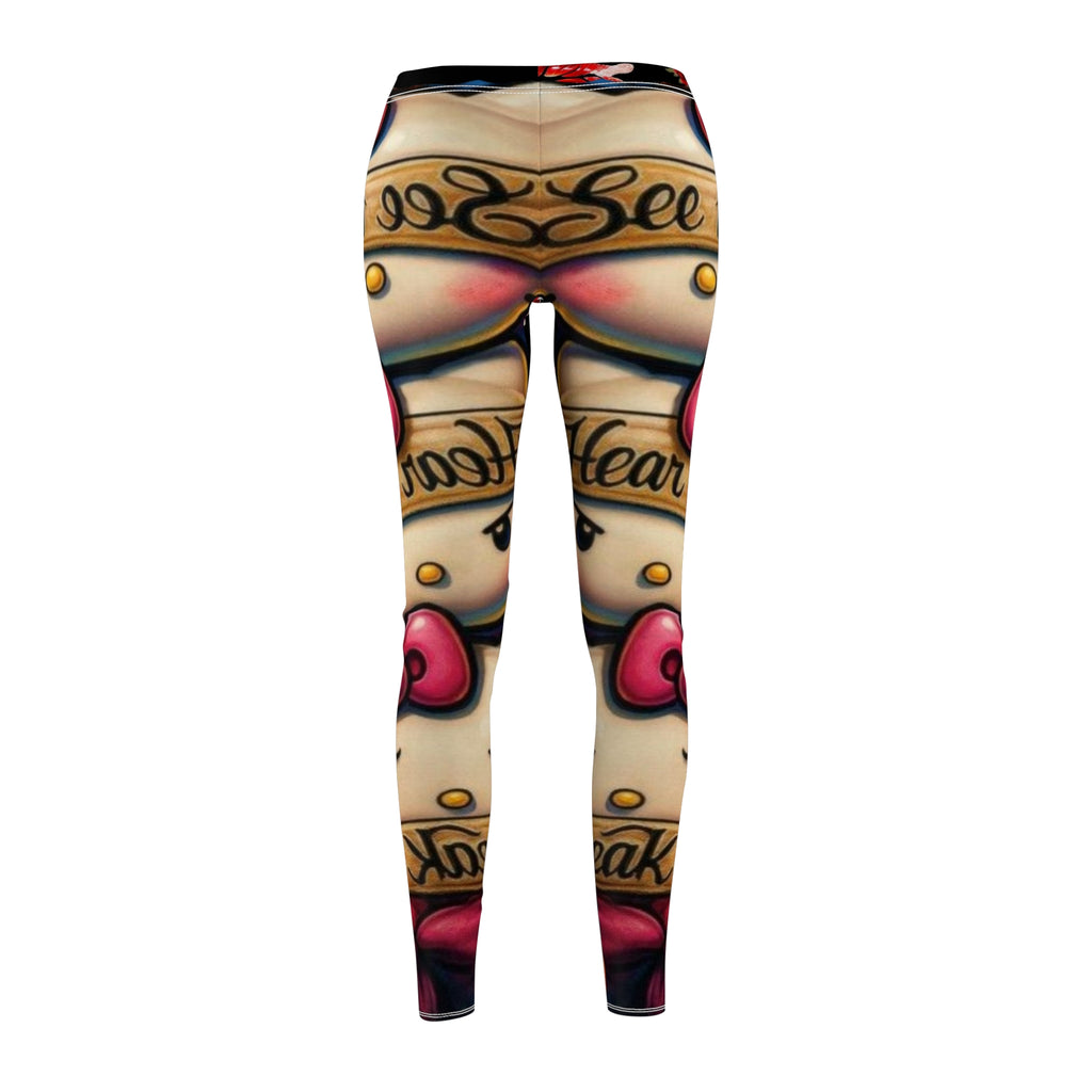 Red Rose & Lip Print Leggings — Floral Kiss Pattern Women's Leggings