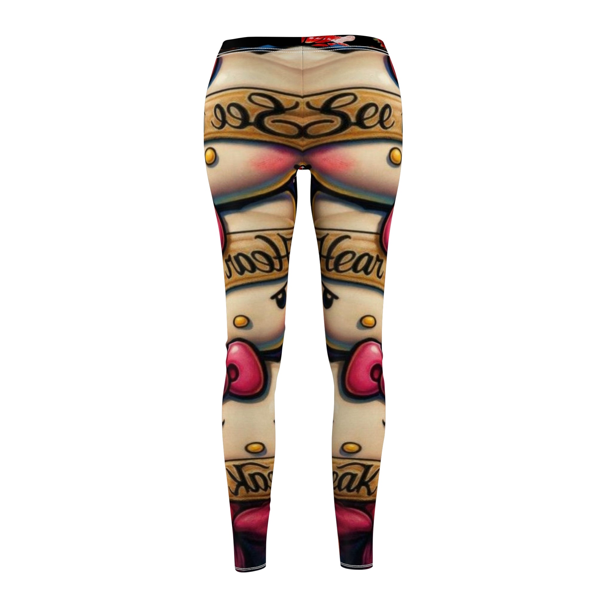 Red Rose & Lip Print Leggings — Floral Kiss Pattern Women's Leggings