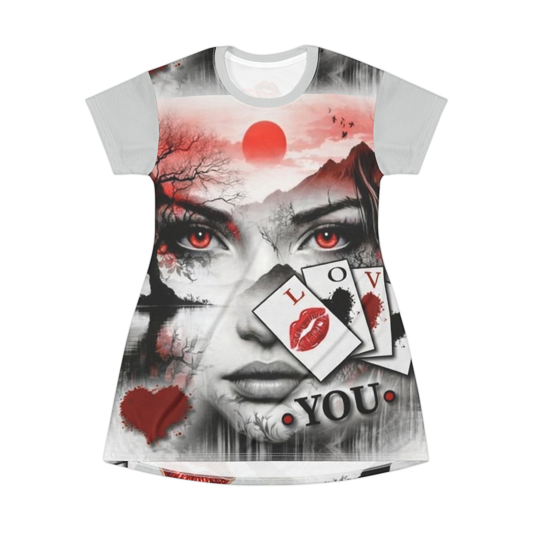 Sagittarius Love Graphic T‑Shirt Dress — Red Kiss Cards & Mystic Eyes Print