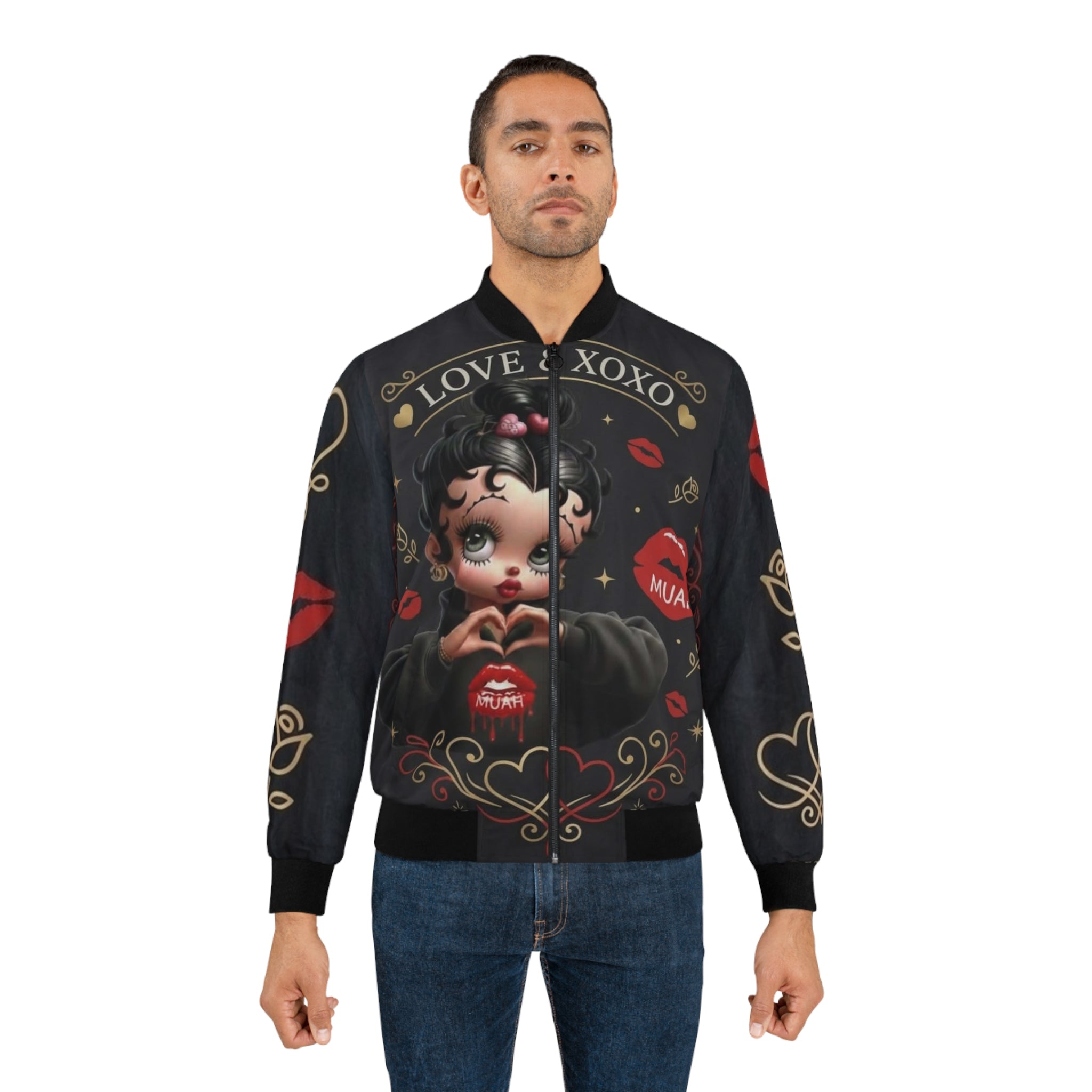 Betty Boop XOXO Graphic Bomber Jacket — Retro Pinup Kiss Design