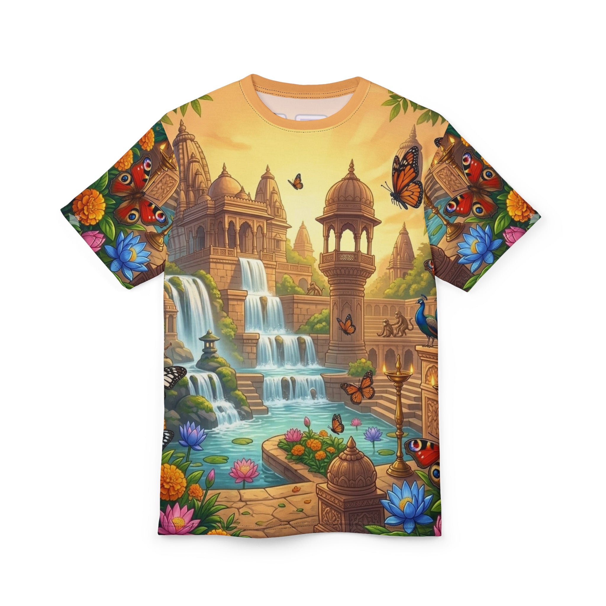 Waterfall Palace T‑Shirt — Vibrant Fantasy Garden Scene with Butterflies