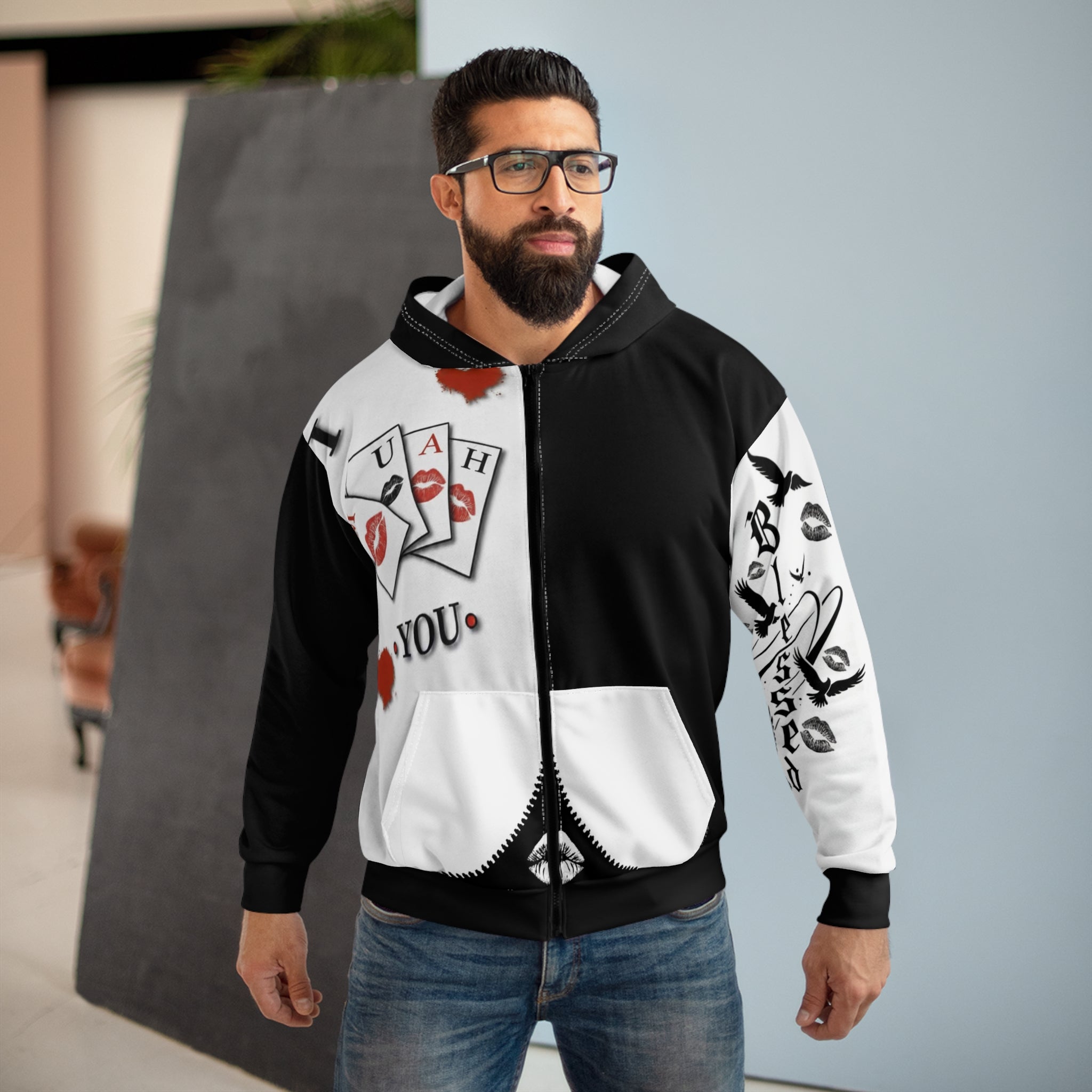 Muah You Zip Hoodie — Black & White Kiss Card Graphic Zip-Up