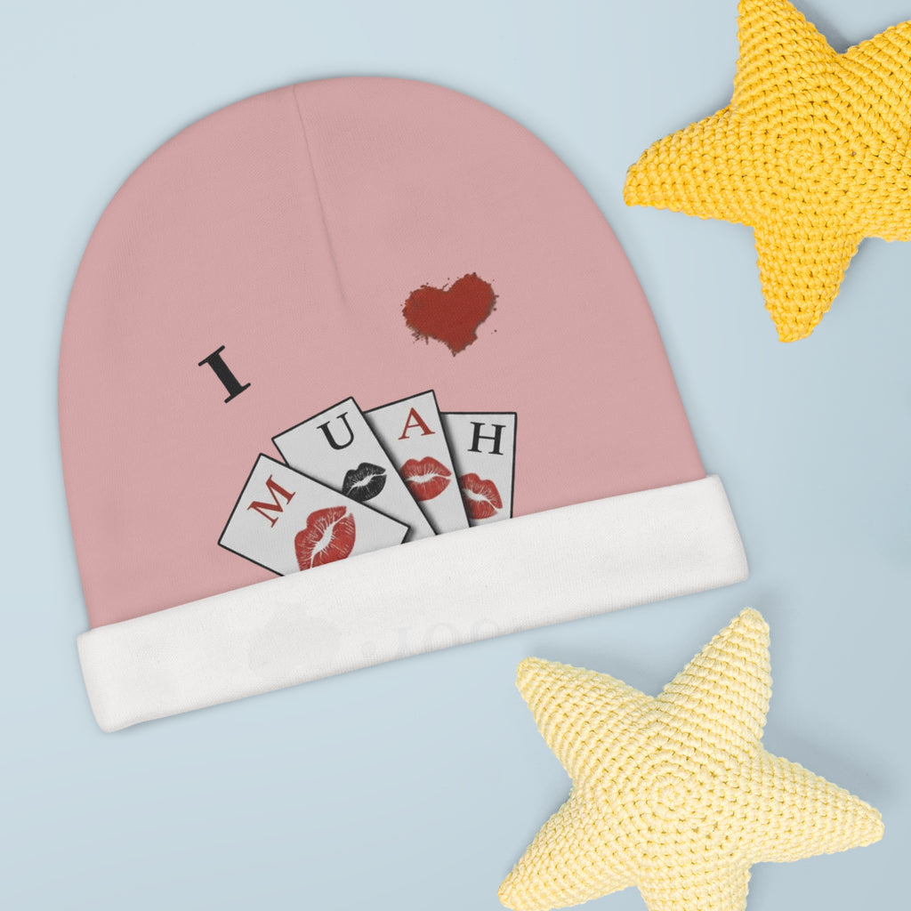 Baby Beanie — "I MUAH You" Pink Infant Knit Hat (Valentine’s Day, Newborn Gift)